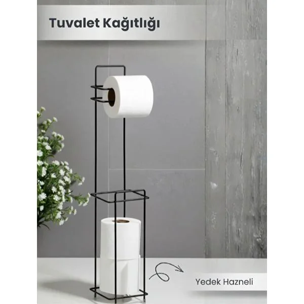 Siyah Standlı Yedek Hazneli Tuvalet Kağıtlığı Metal Gövdeli