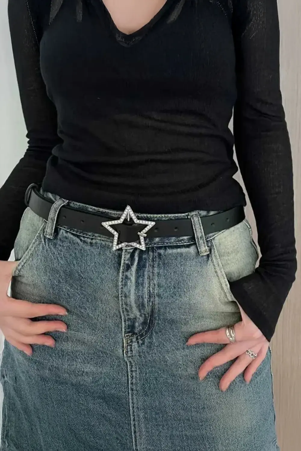 Siyah Star Taşlı Deri Kemer