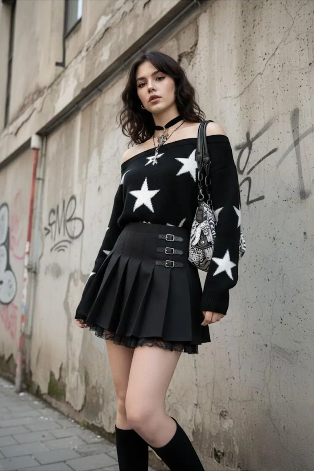 Siyah Stars Askılı Y2K Triko Kazak