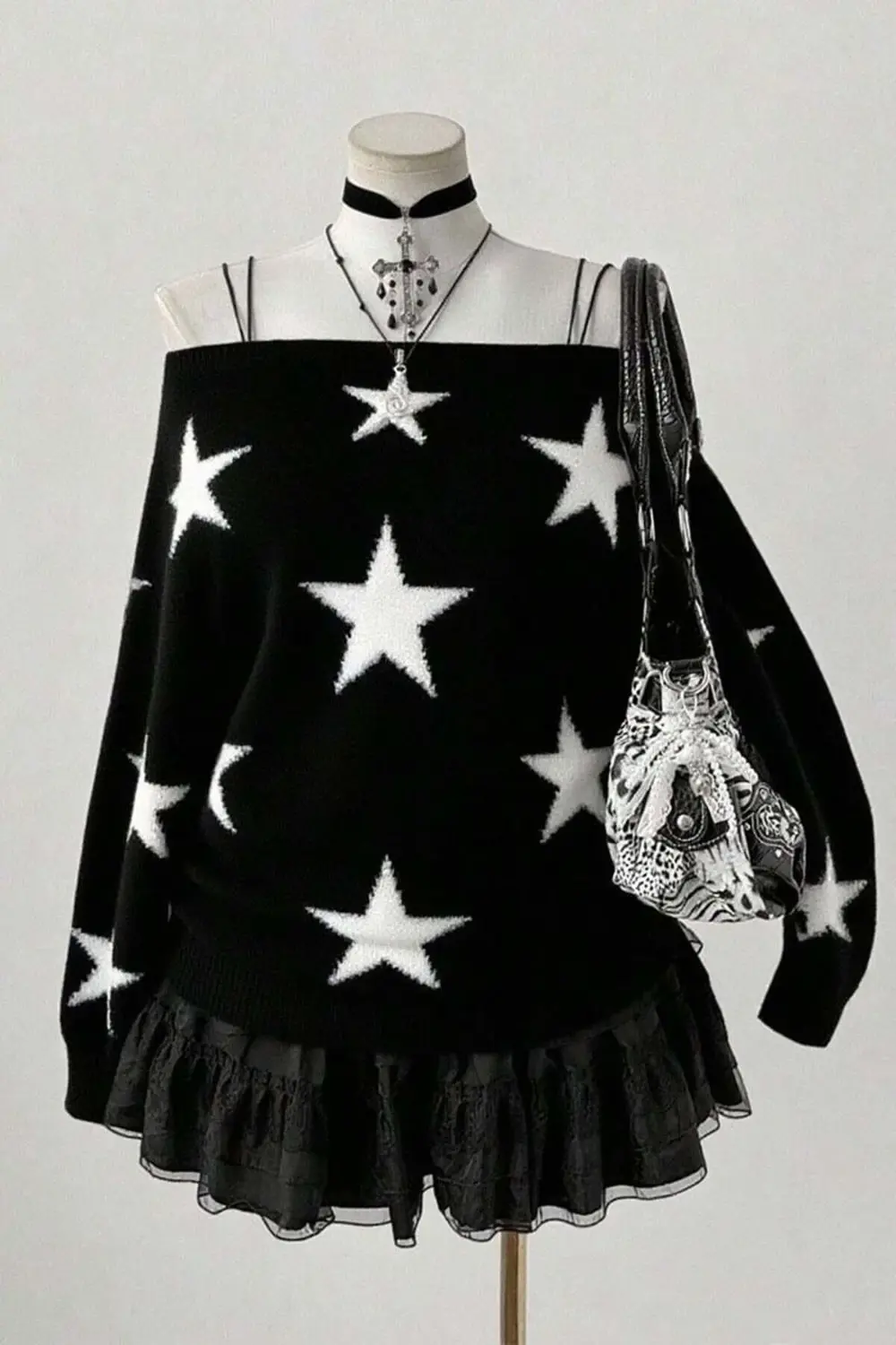 Siyah Stars Askılı Y2K Triko Kazak