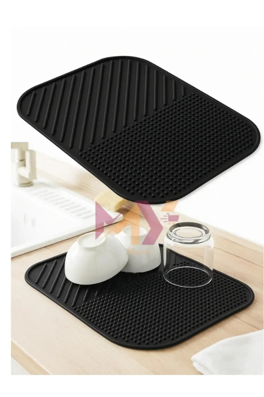 Siyah Su Tutan Bulaşık Kurutmalık Mat, Isıya Dayanıklı Mutfak Mat