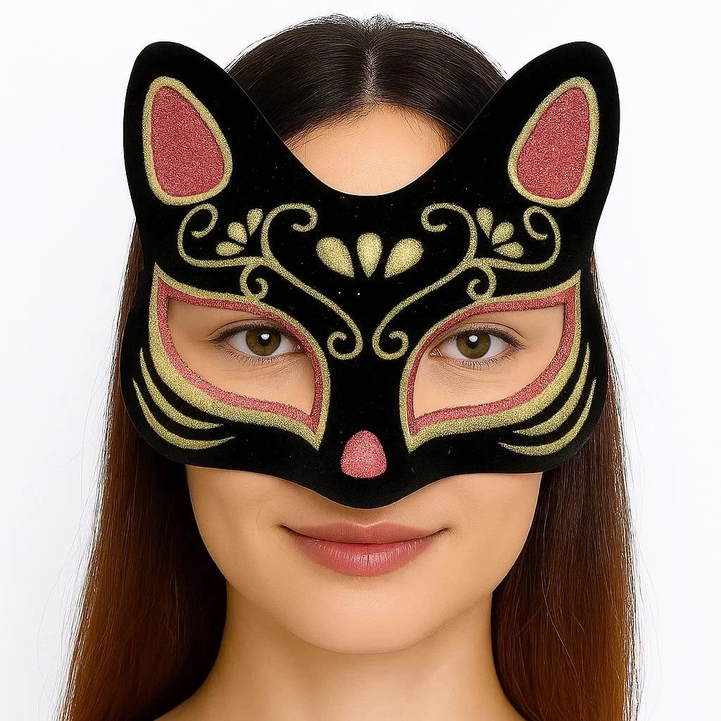 Siyah Süet Kedi Maskesi - Kırmızı Sarı Simli Maske 17x14 cm Fiyatı, Yorumları ve Özellikleri