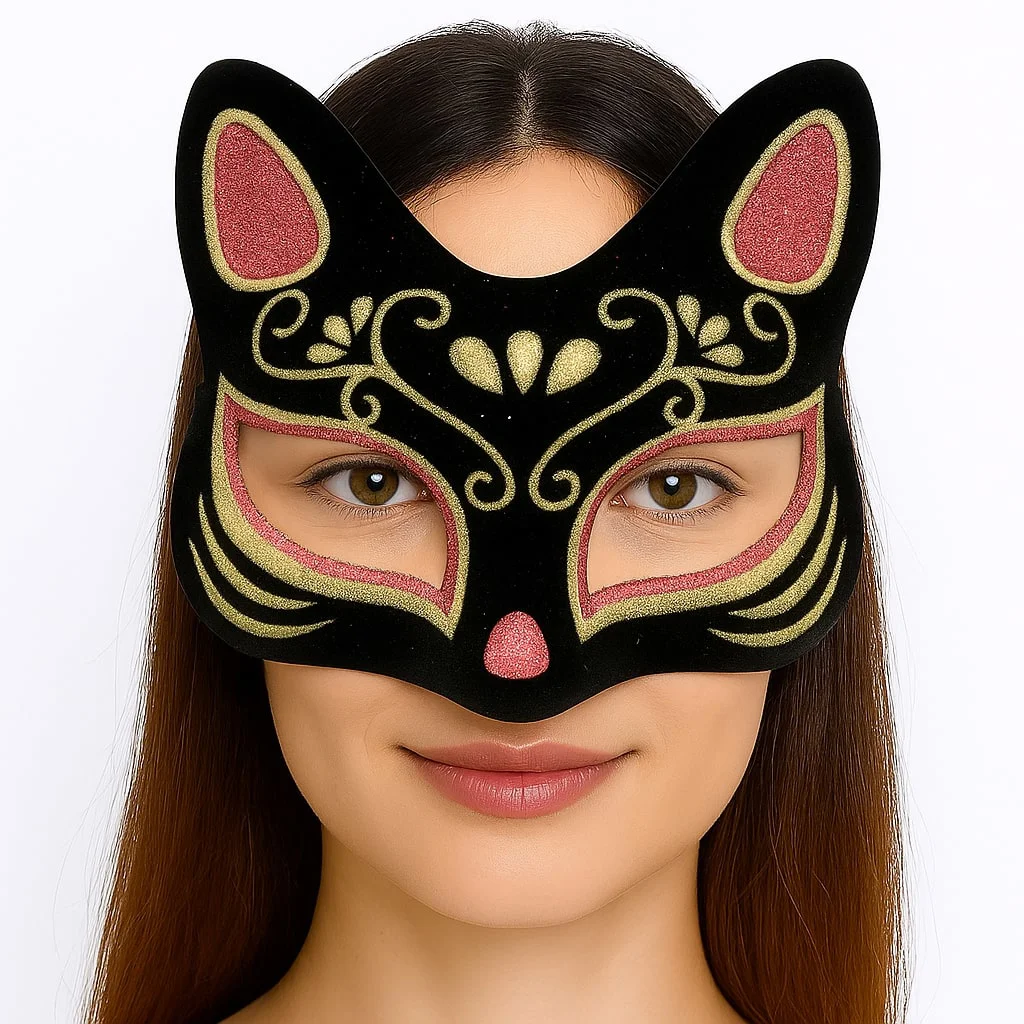 Siyah Süet Kedi Maskesi – Kırmızı Sarı Simli Kostüm Maskesi 17x14 cm