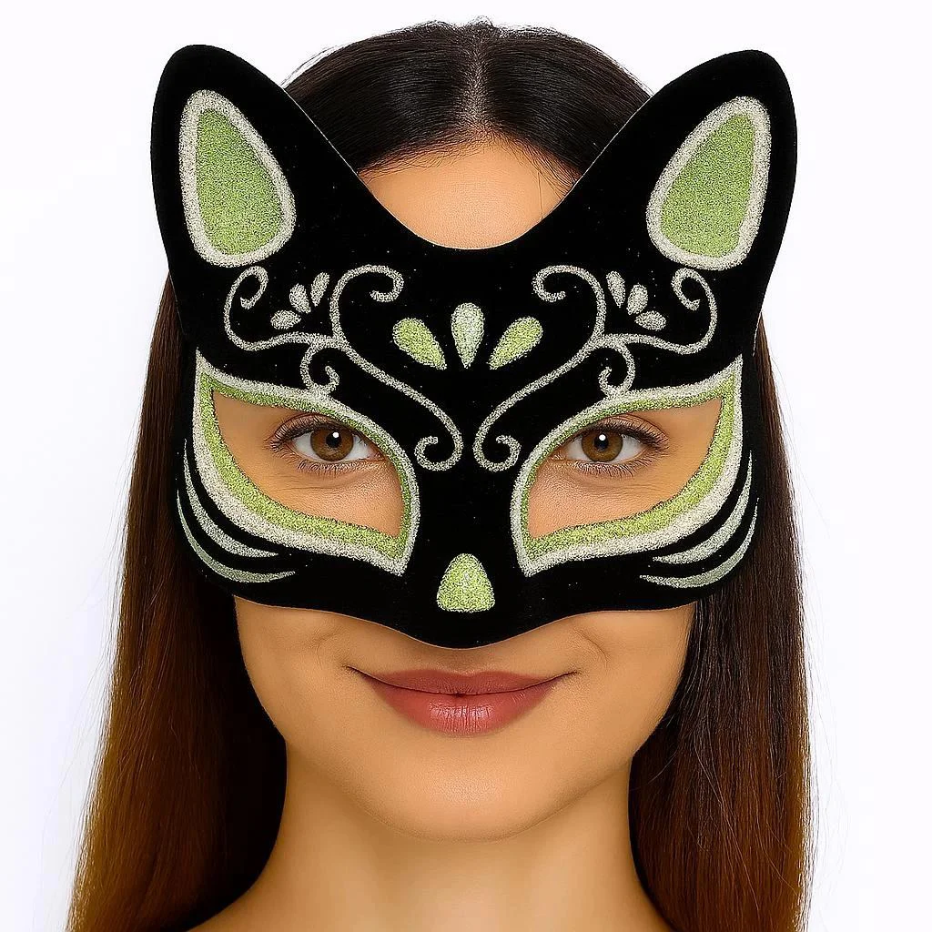 Siyah Süet Kedi Maskesi - Gümüş Yeşil Simli Kostüm Maske 17x14 Fiyatı, Yorumları ve Özellikleri