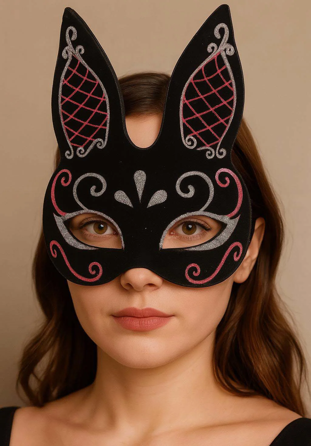 Siyah Süet Tavşan Maskesi – Kırmızı Beyaz Simli Maskeli Balo Maske