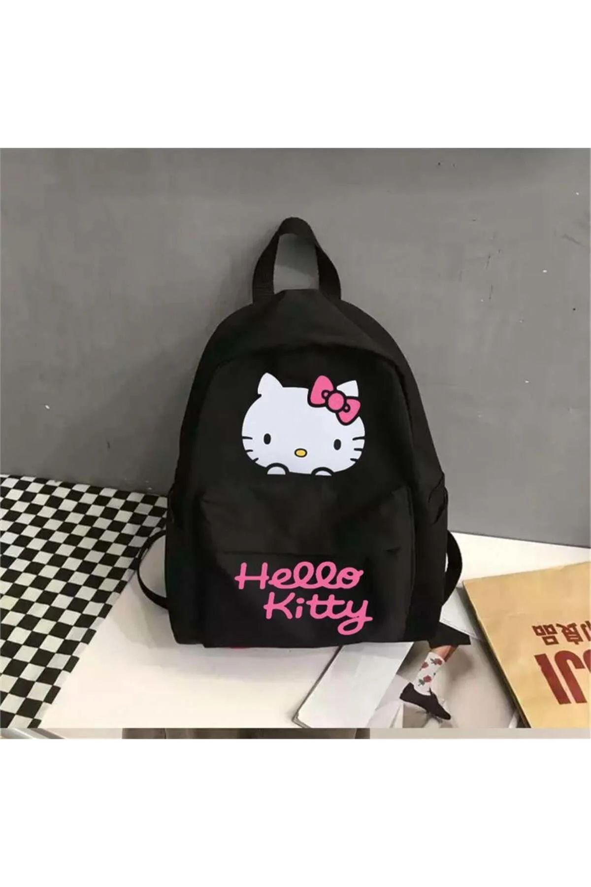 Siyah Suluk Bölmeli Hello Kitty Head Okul Sırt Çantası