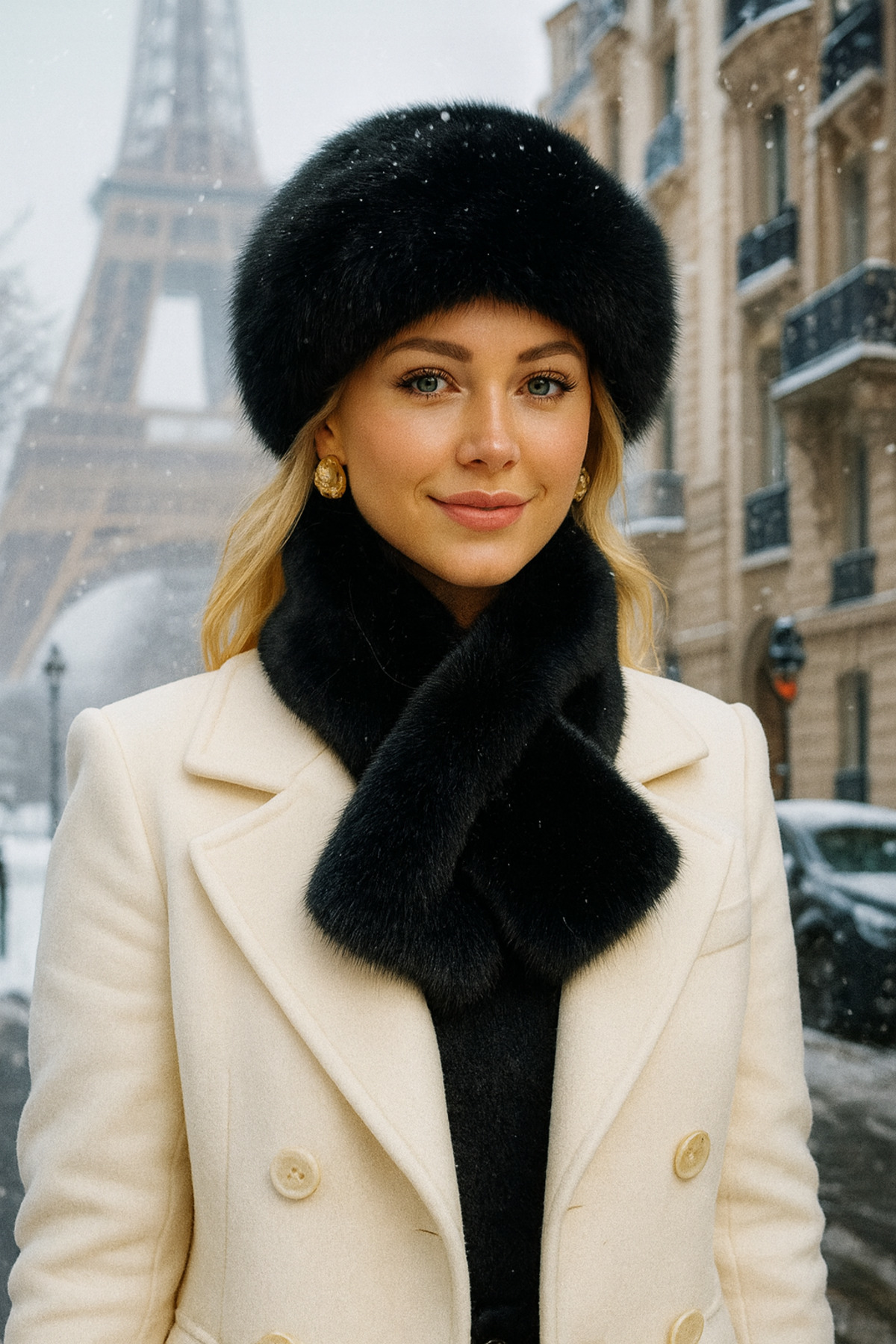 Siyah Suni Kürklü Peluş Boyunluk&Kalpak Şapka 2’li Set