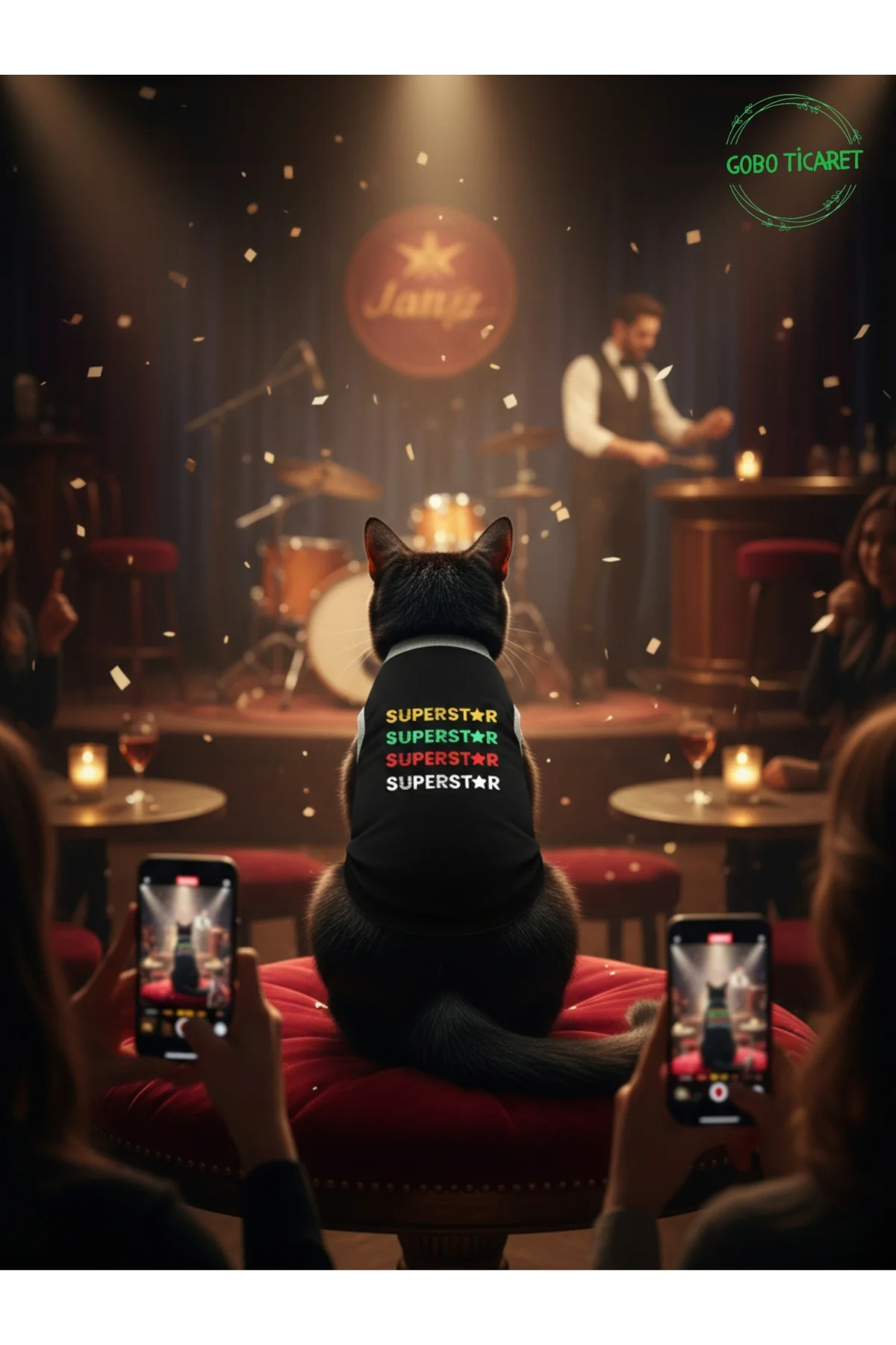 Siyah SUPERSTAR Yazılı Kedi ve Köpek Kıyafeti Tişörtü Elbisesi SM