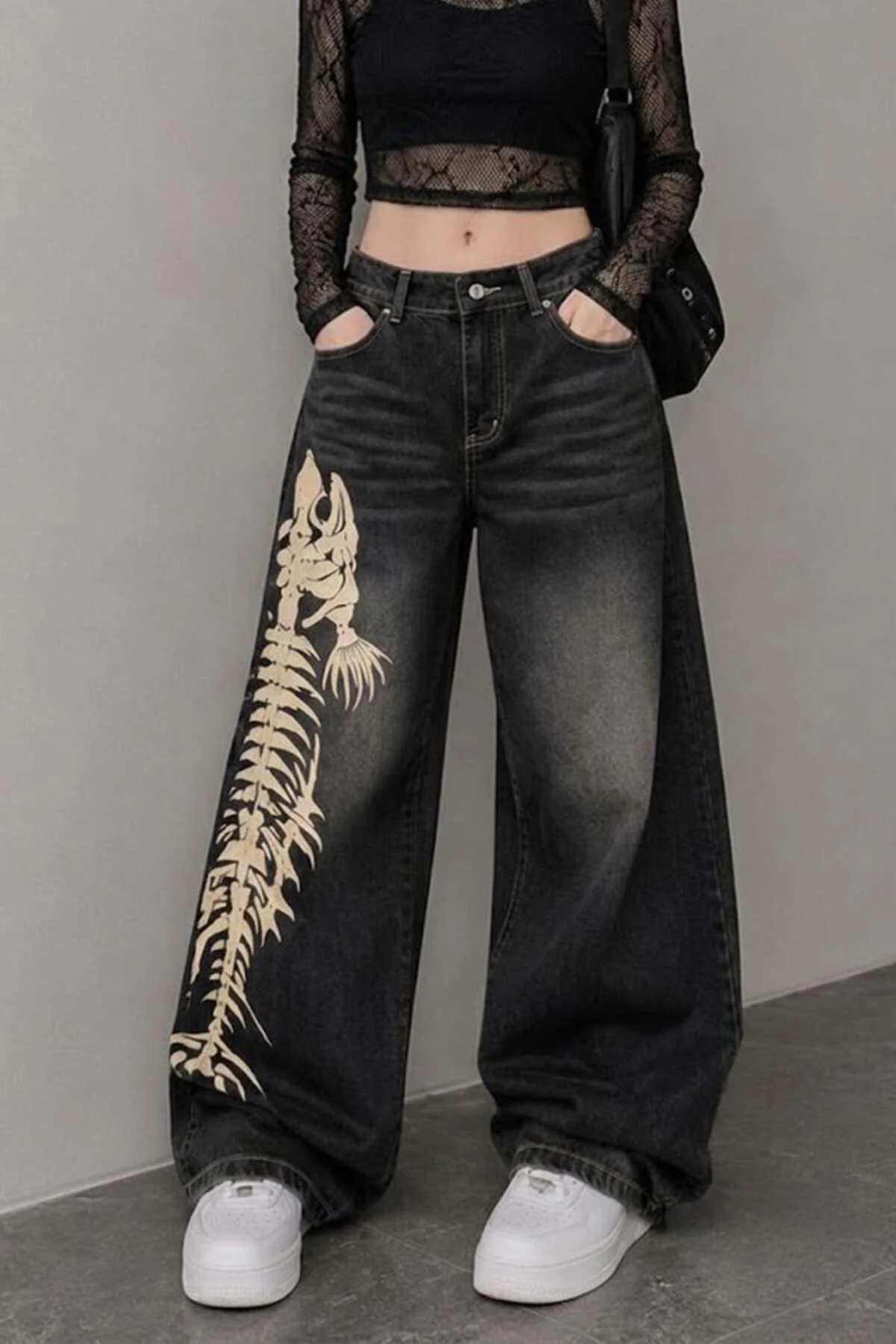 Siyah Taşlamalı Fish Skeleton Gotik Y2K Unisex Baggy Pantolon Siyah Taşlamalı Fish Skeleton Gotik Y2K Unisex Baggy Pantolon