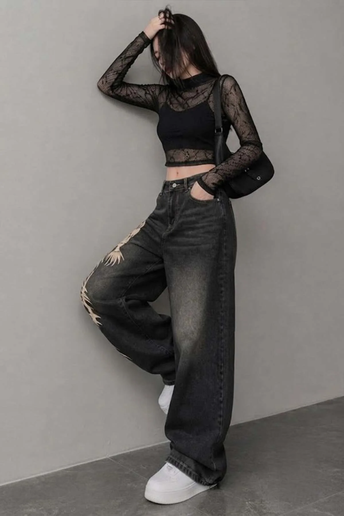 Siyah Taşlamalı Fish Skeleton Gotik Y2K Unisex Baggy Pantolon Siyah Taşlamalı Fish Skeleton Gotik Y2K Unisex Baggy Pantolon
