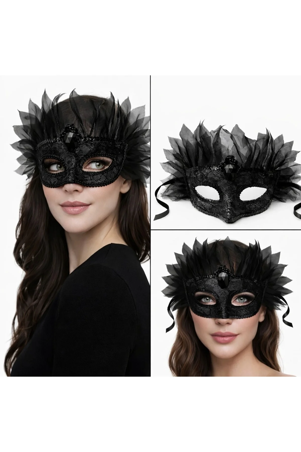 Siyah Taşlı Venedik Maskesi Lüks Tüllü Parti Maskesi Siyah Taşlı Venedik Maskesi Lüks Tüllü Parti Maskesi - Görsel 2