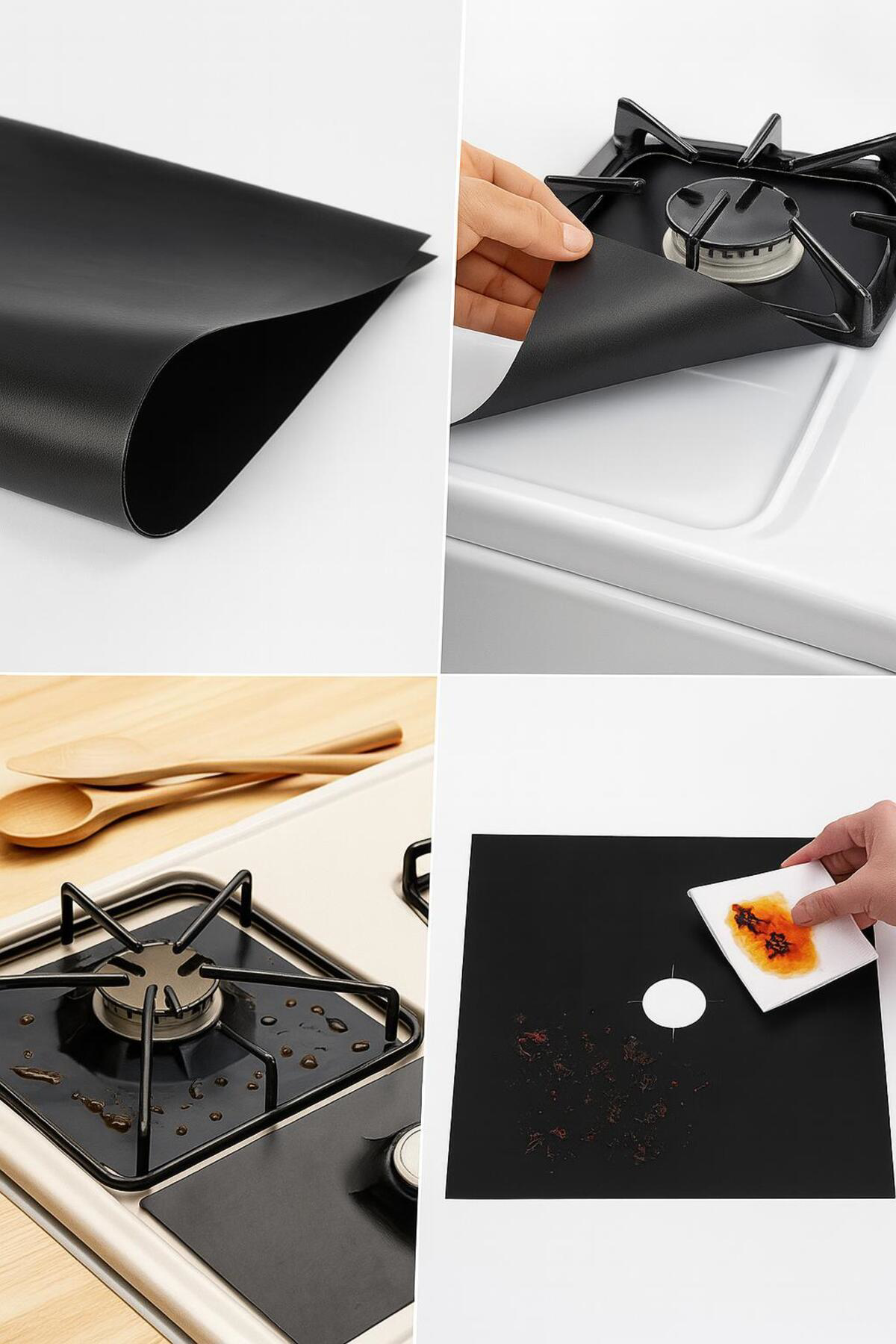 Siyah Teflon Ocak Koruyucu Mat – 4’lü Set, Yıkanabilir, Kesilebil