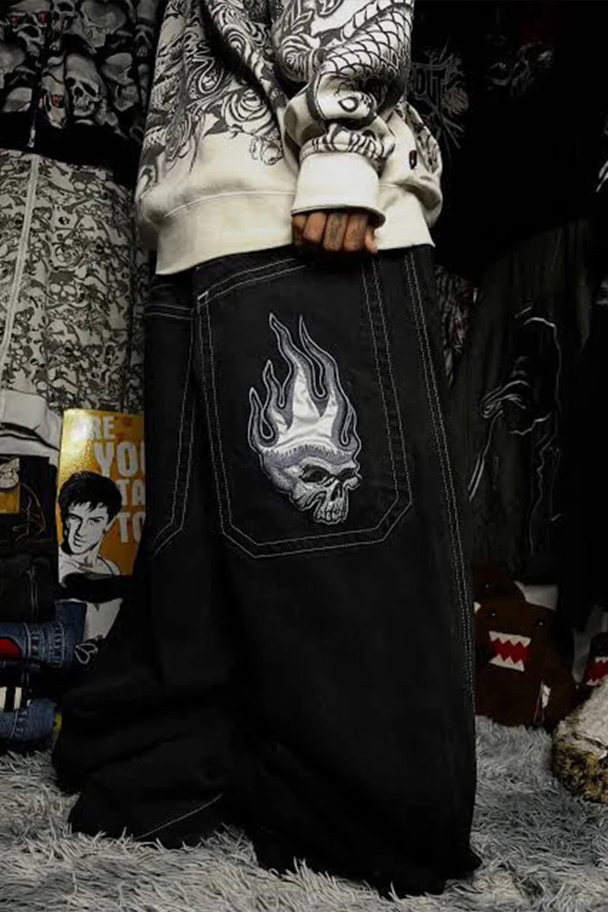 Siyah Ters Dikiş Flaming Skull Harajuku Y2K Unisex Baggy Pantolon Fiyatı, Yorumları ve Özellikleri