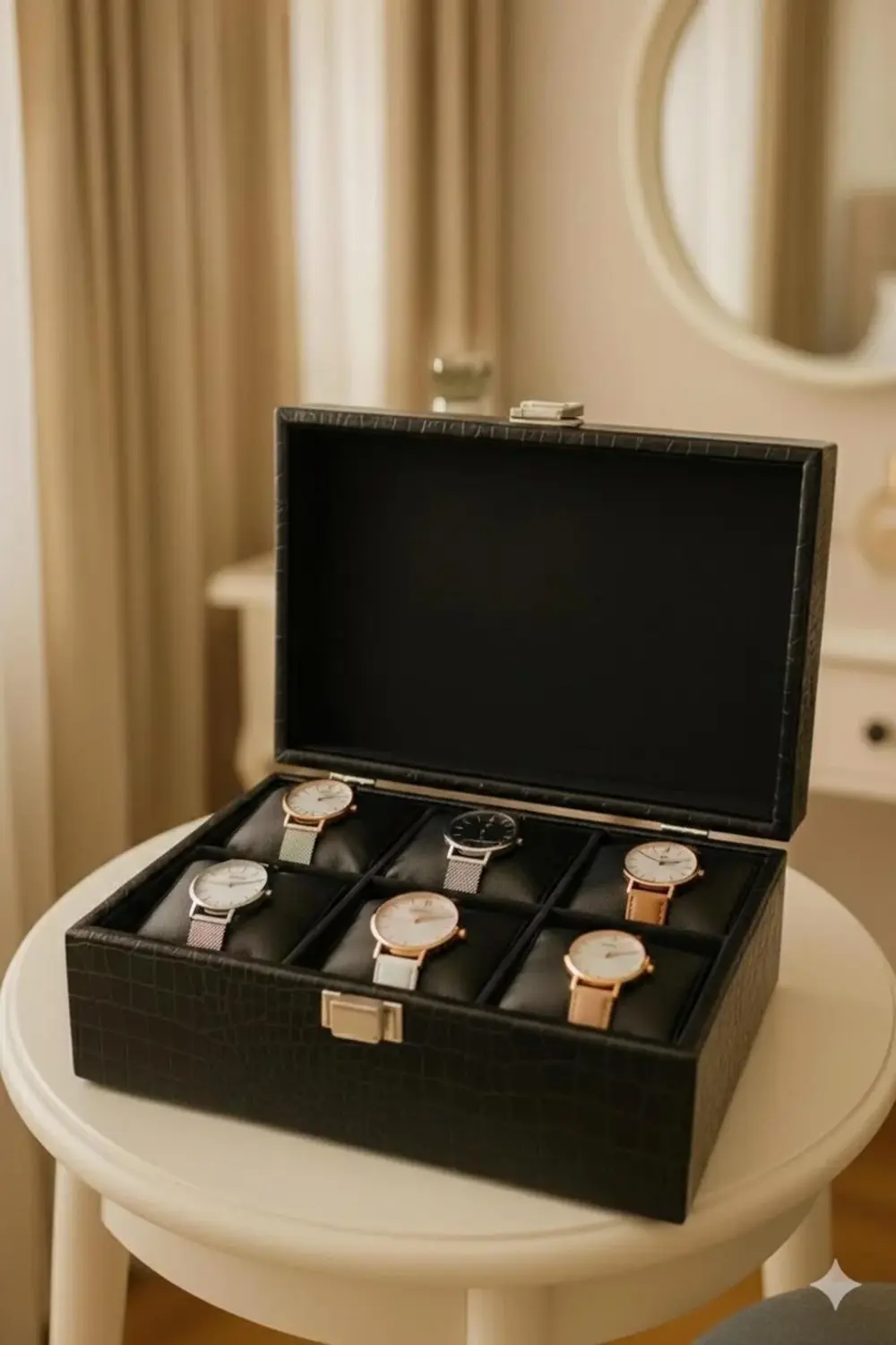 Siyah Timsah Deri 6 Bölmeli Saat Kutusu – Şık ve Zarif Tasarım 24
