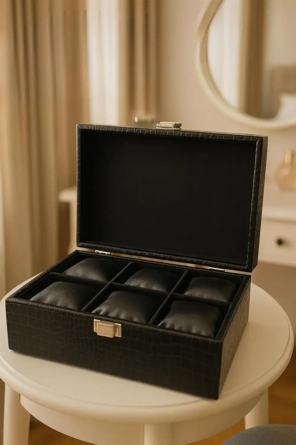 Siyah Timsah Deri 6 Bölmeli Saat Kutusu – Şık ve Zarif Tasarım 24