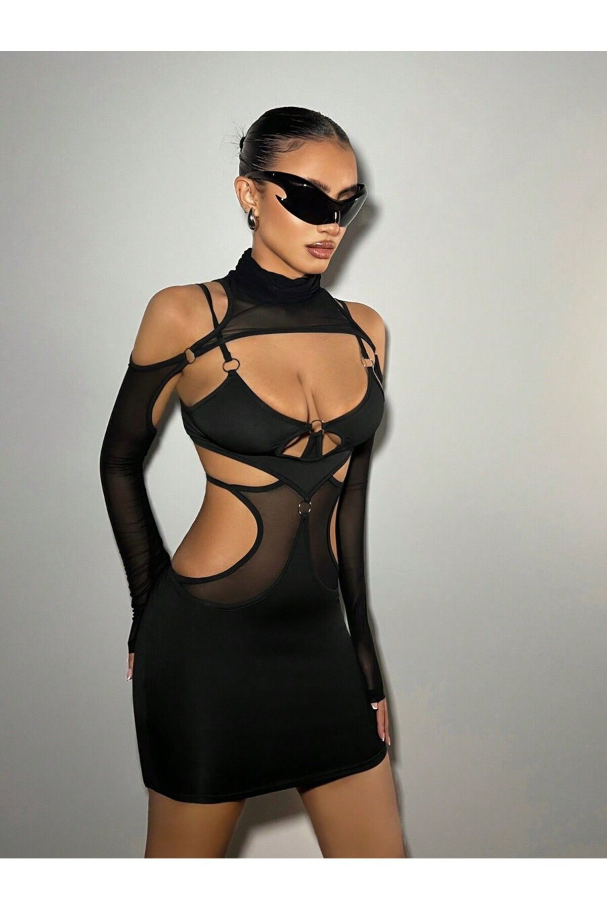 Siyah Transparan Mini Elbise