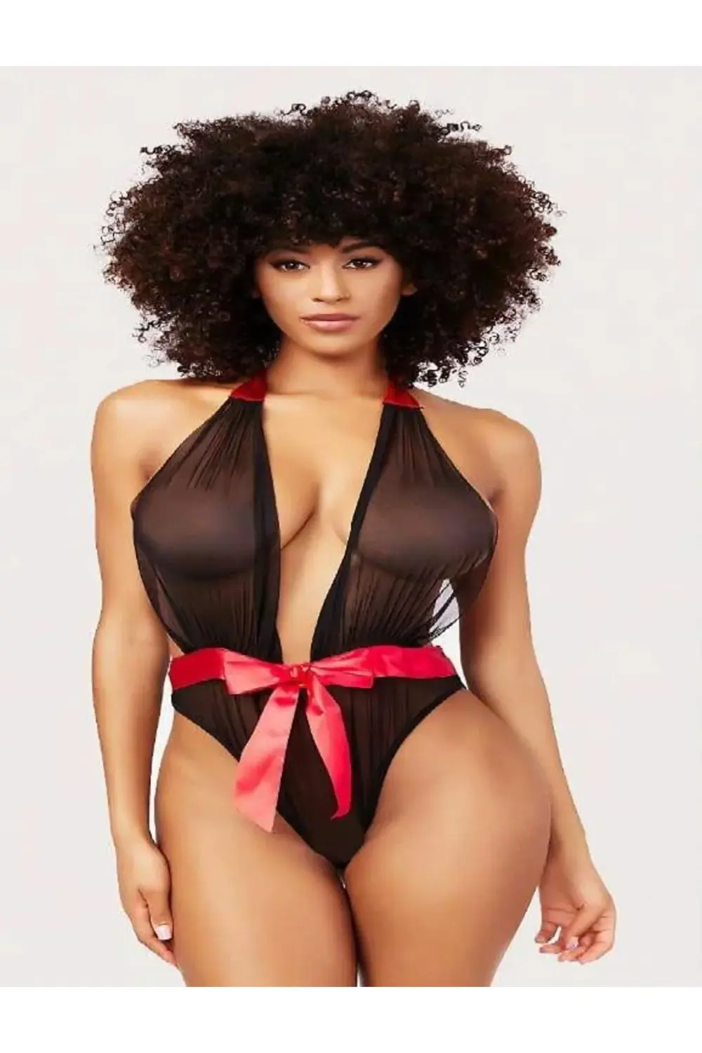 Pilelistore Siyah Transparan Tül Kırmızı Kurdelalı Fantezi Babydoll