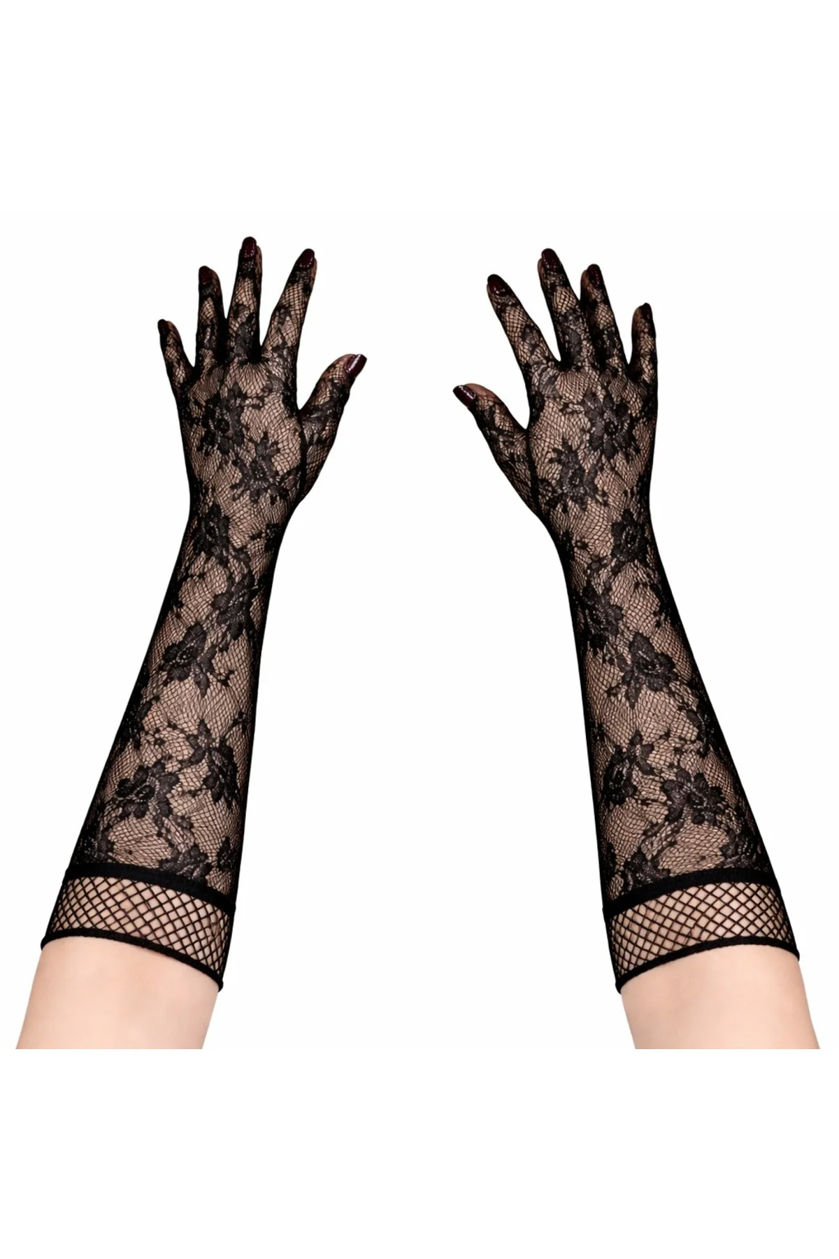 Siyah Uzun Gül Desenli Dantel Kadın Eldiveni