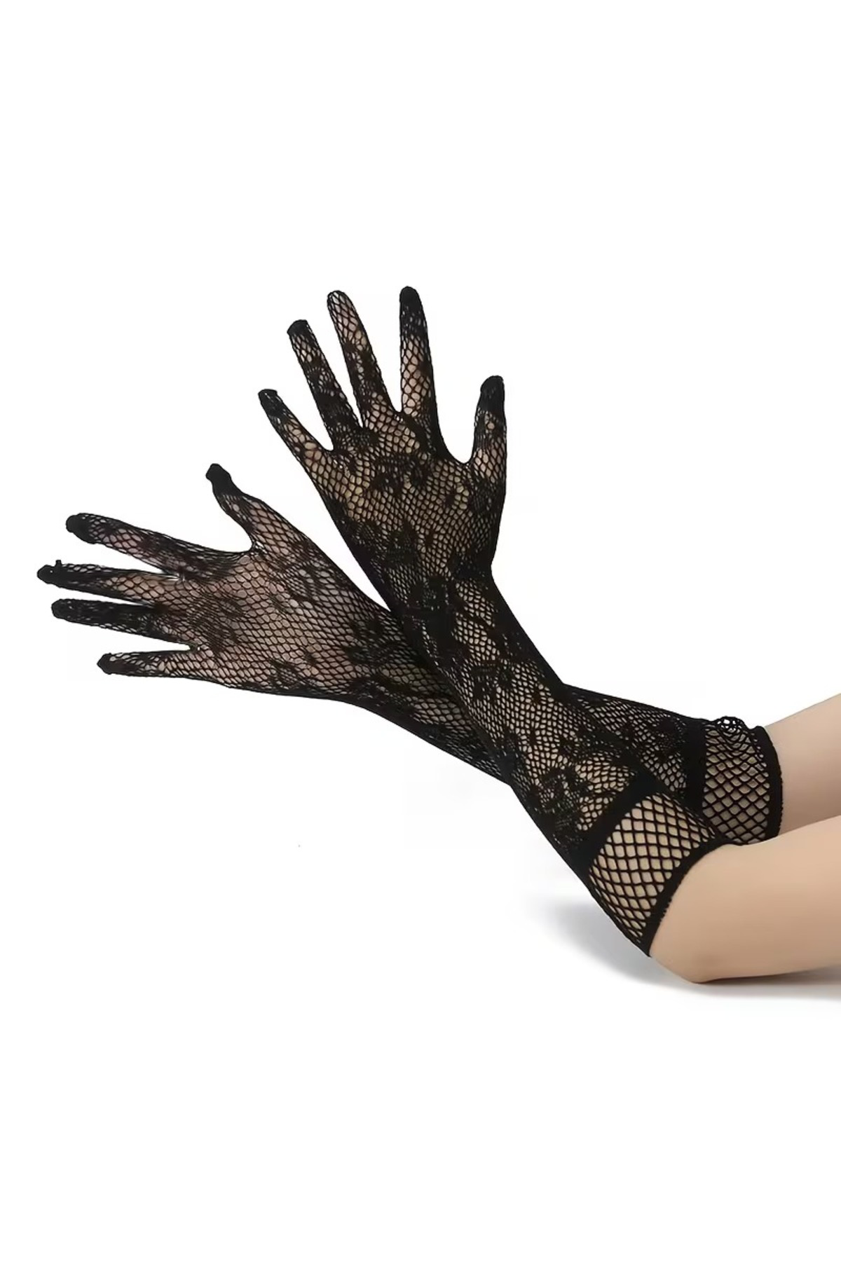 Siyah Uzun Gül Desenli Dantel Kadın Eldiveni