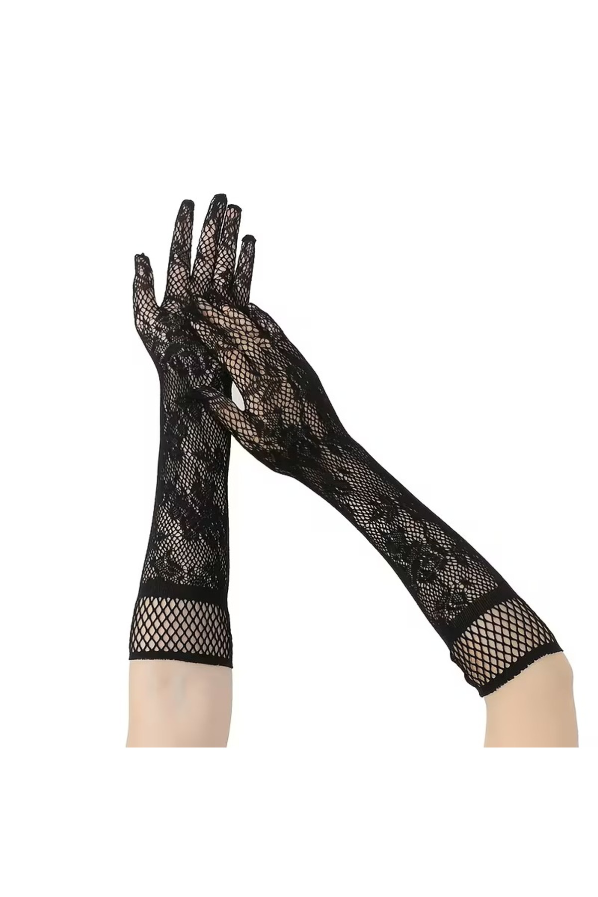 Siyah Uzun Gül Desenli Dantel Kadın Eldiveni