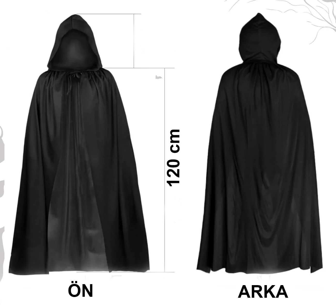 Siyah Uzun Pelerin 120 cm Kapüşonlu – Cosplay, Cadılar Bayramı ve Parti Kostümü