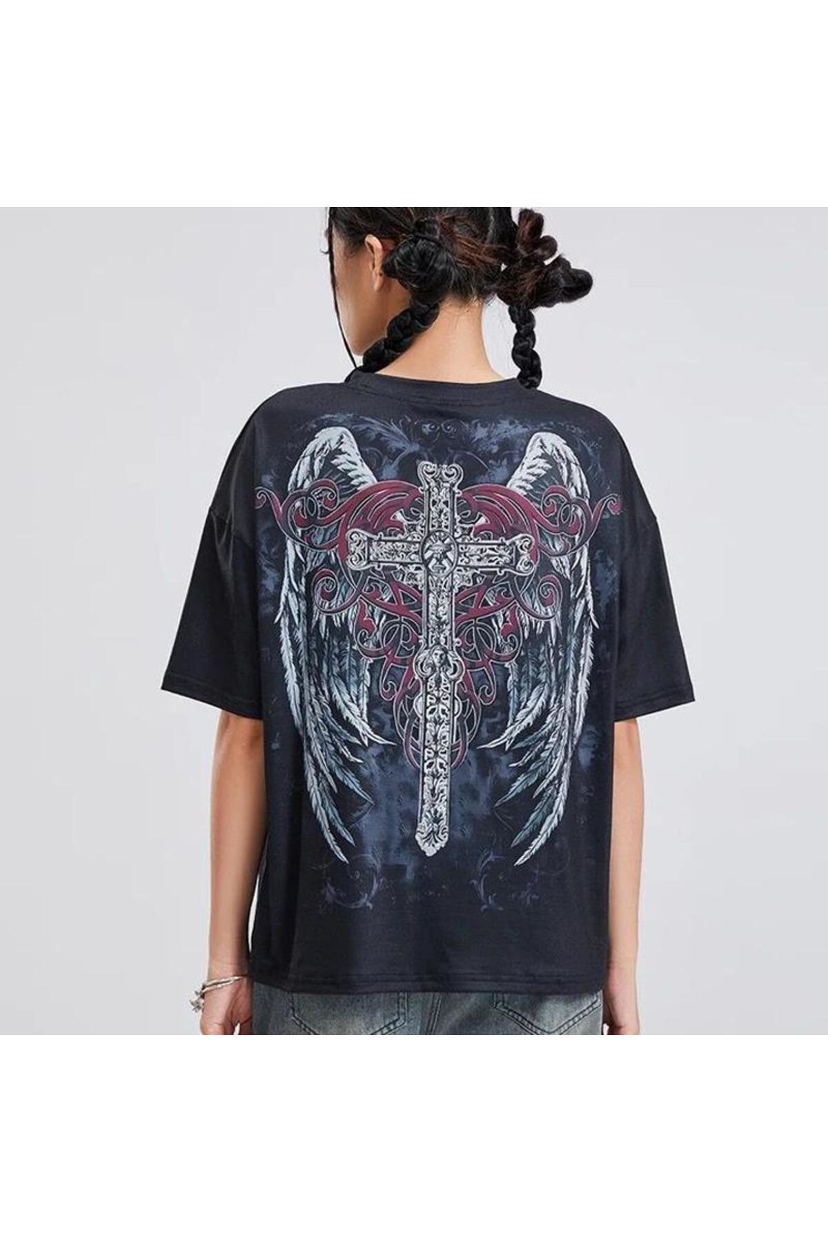 Siyah Vintage Angel Wings Cross Cyber Grunge Unisex T-shirt