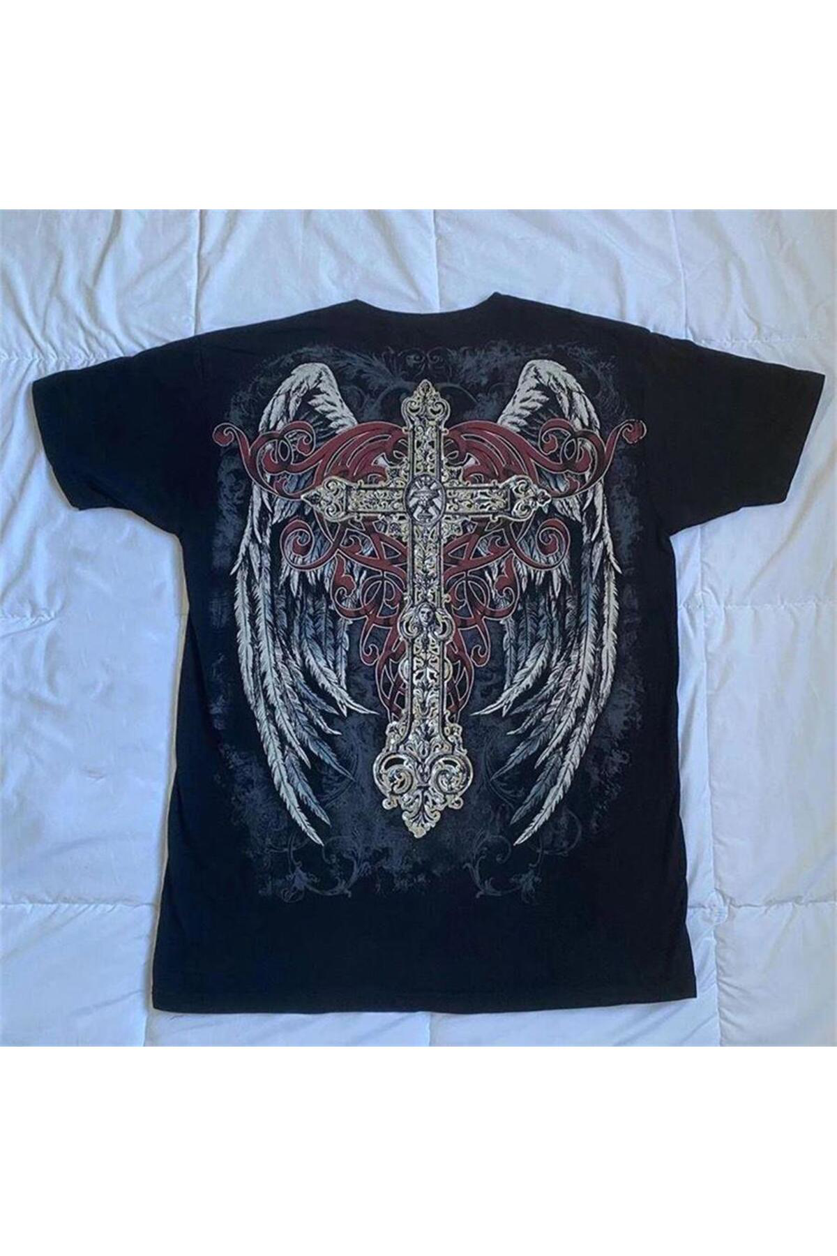 Siyah Vintage Angel Wings Cross Cyber Grunge Unisex T-shirt