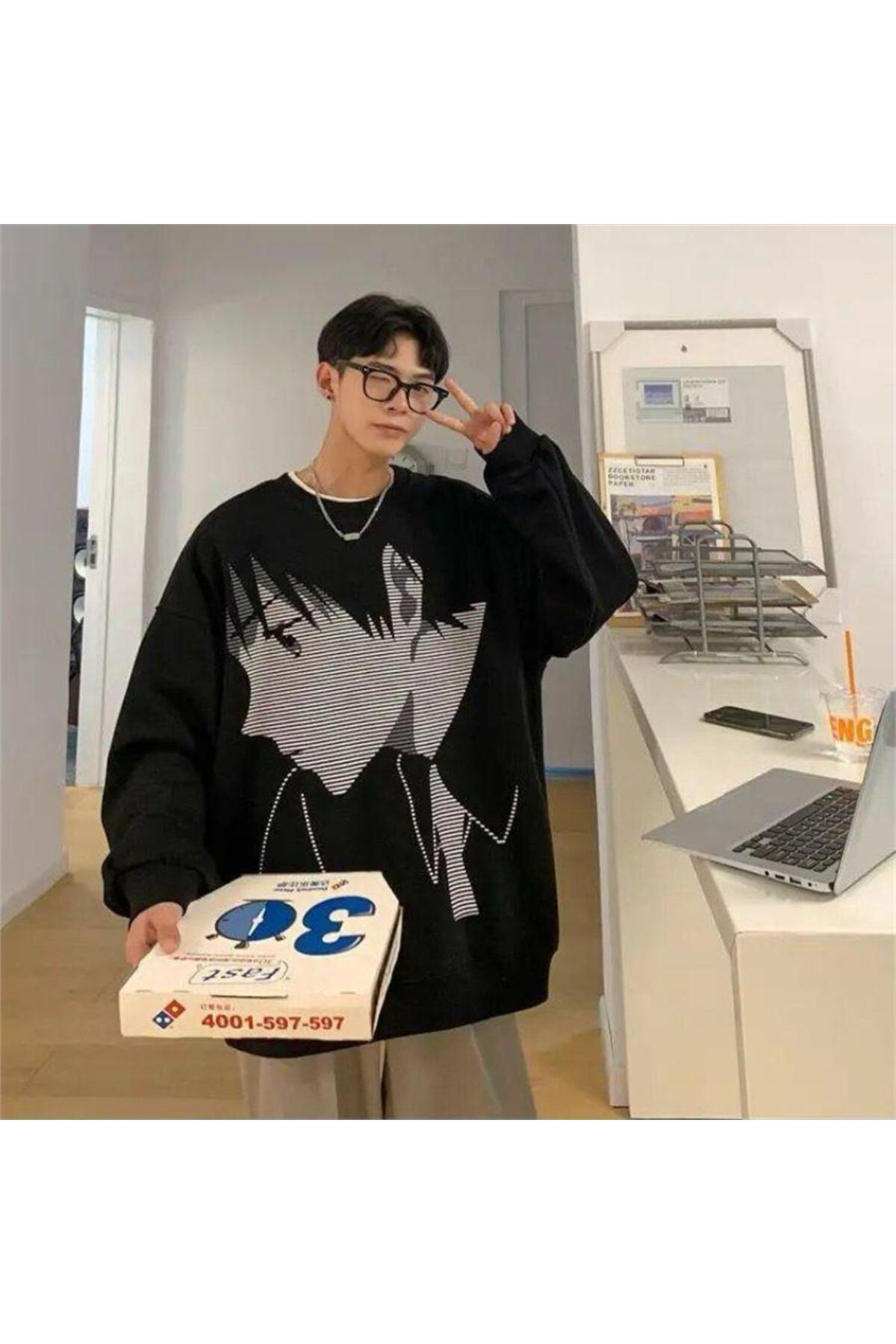 Siyah Vintage Anime Boy - Couple Uzun Kollu Sweatshirt