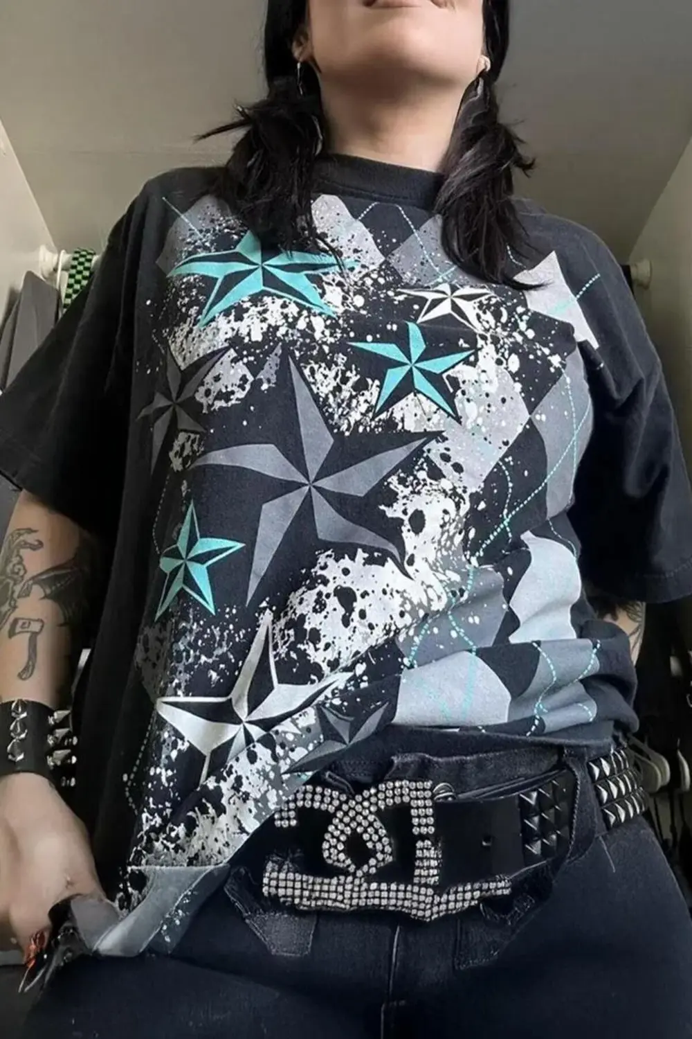 Siyah Vintage Geometrik Desenli Stars Cyber Grunge Gotik Unisex T