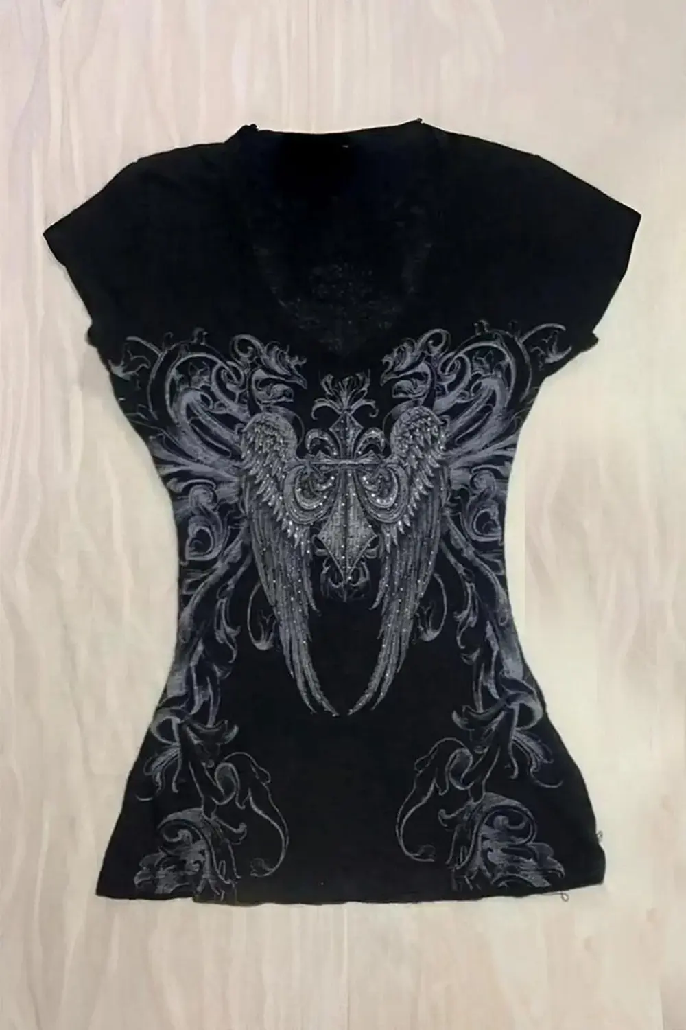 Siyah Vintage Gotik Wing Kısa Y2K Kollu Crop