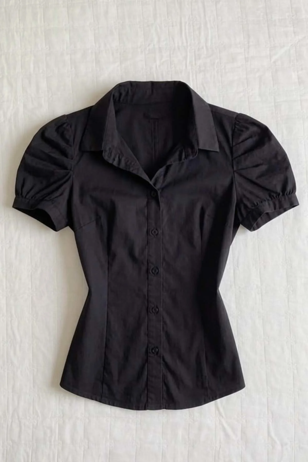 Siyah Vintage Mini Puff Sleeve Goth Y2K Kısa Kollu Gömlek