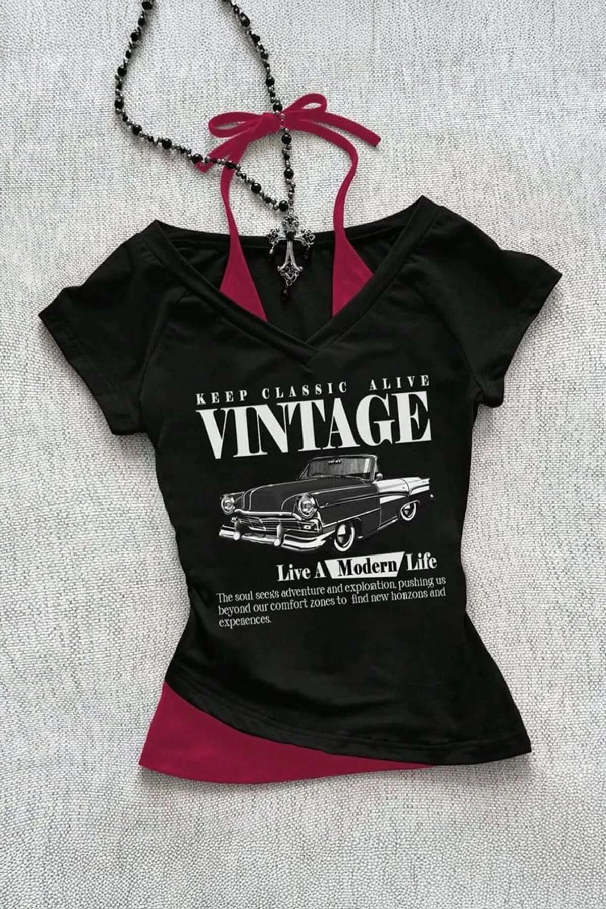 Siyah Vintage Modern Life Ek Askılı Y2K Kısa Kollu Crop Siyah Vintage Modern Life Ek Askılı Y2K Kısa Kollu Crop
