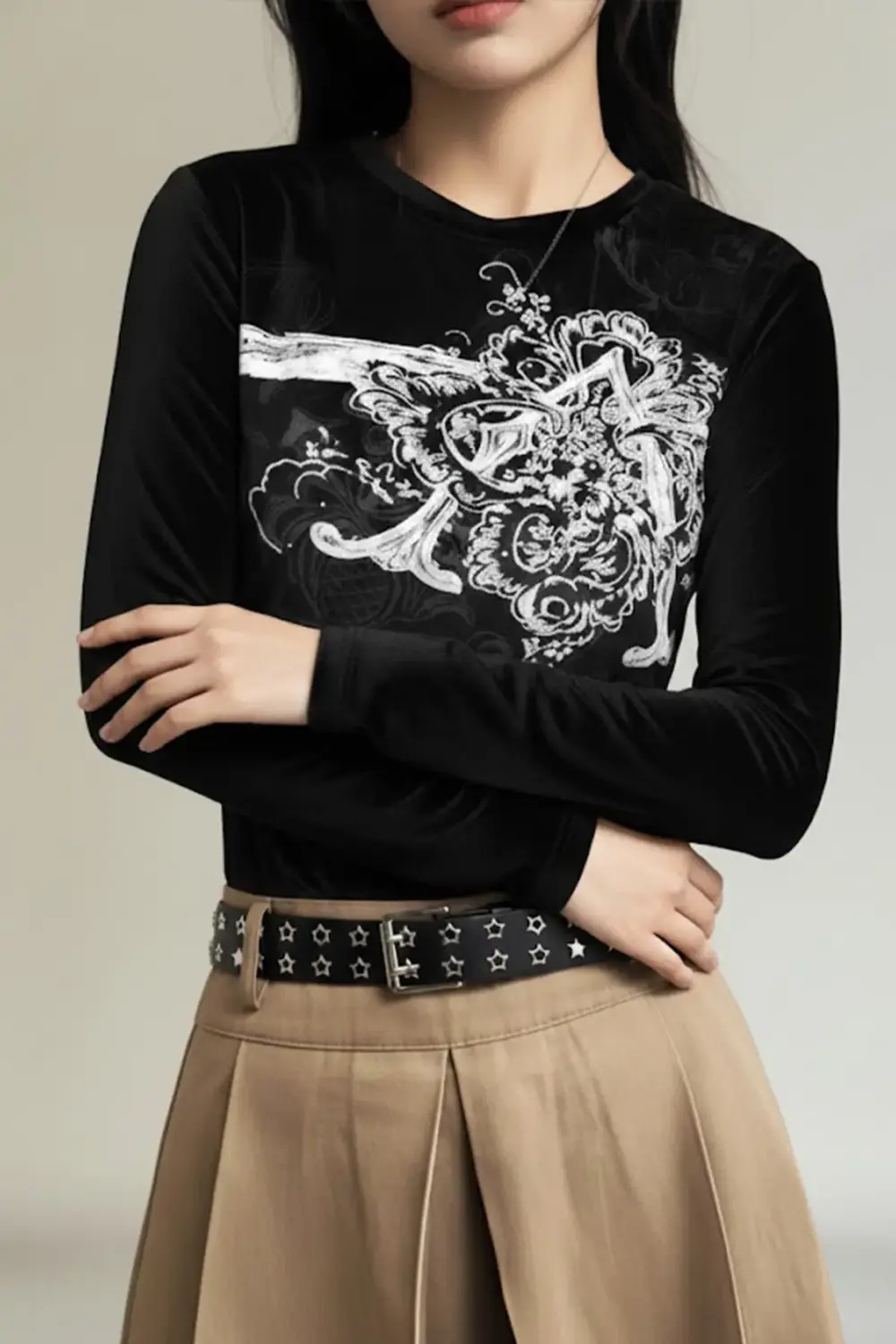 Siyah Vintage Punk Patterned Y2K Uzun Kollu Crop Siyah Vintage Punk Patterned Y2K Uzun Kollu Crop