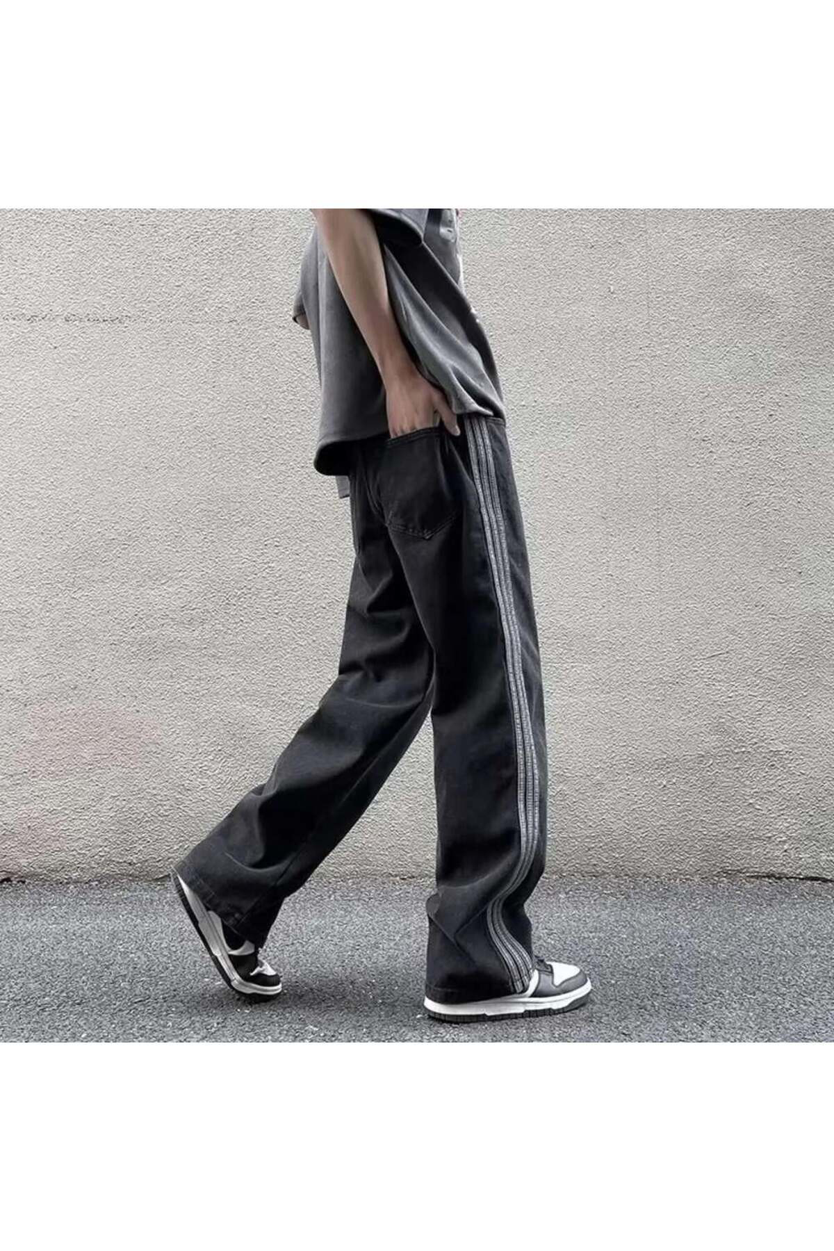 Siyah Vintage Three Lines Baggy Kot Pantolon