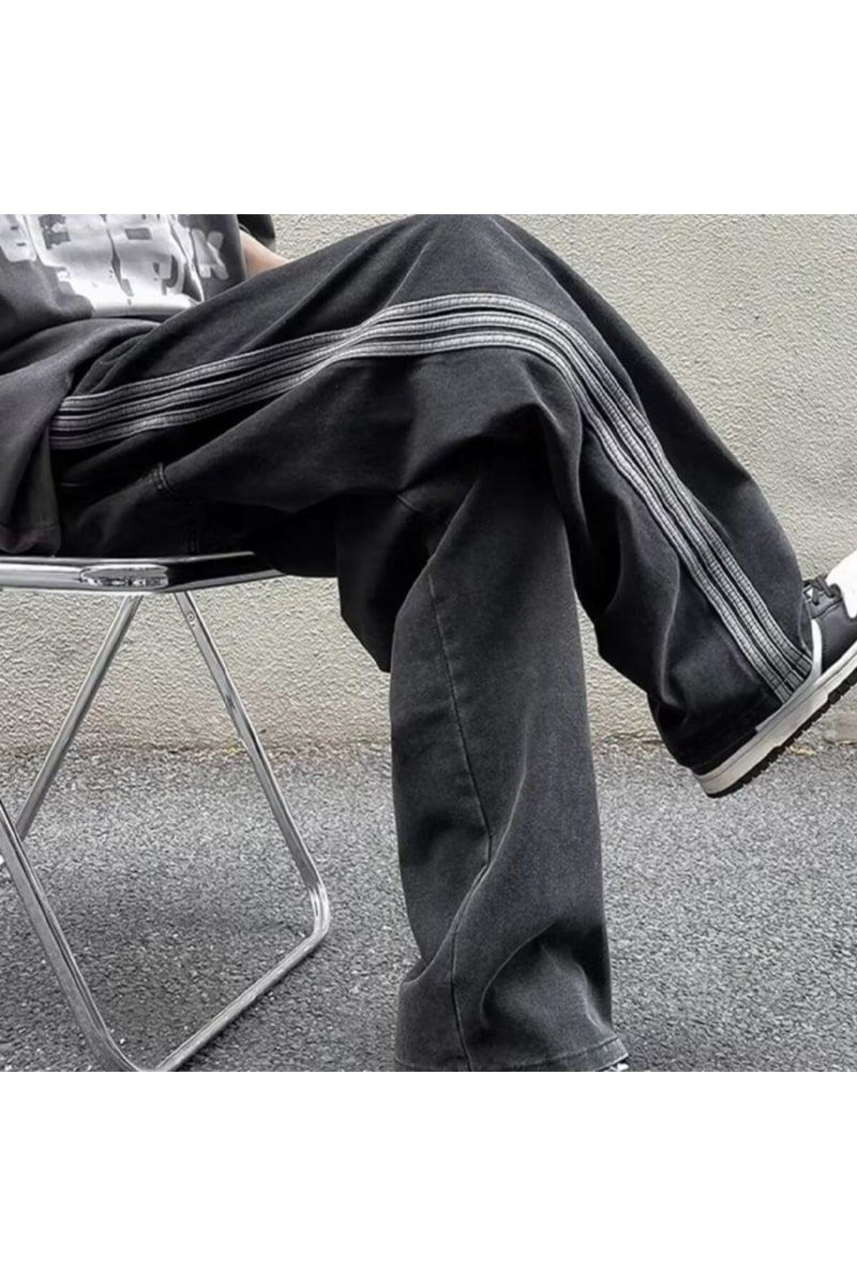 Siyah Vintage Three Lines Baggy Kot Pantolon
