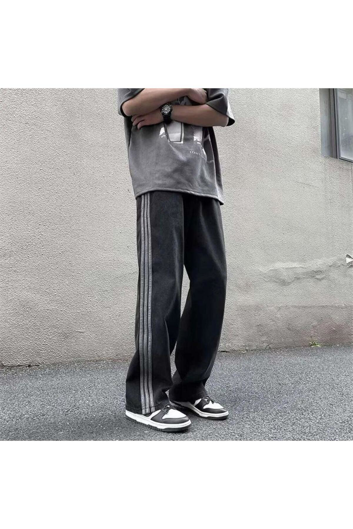 Siyah Vintage Three Lines Baggy Kot Pantolon