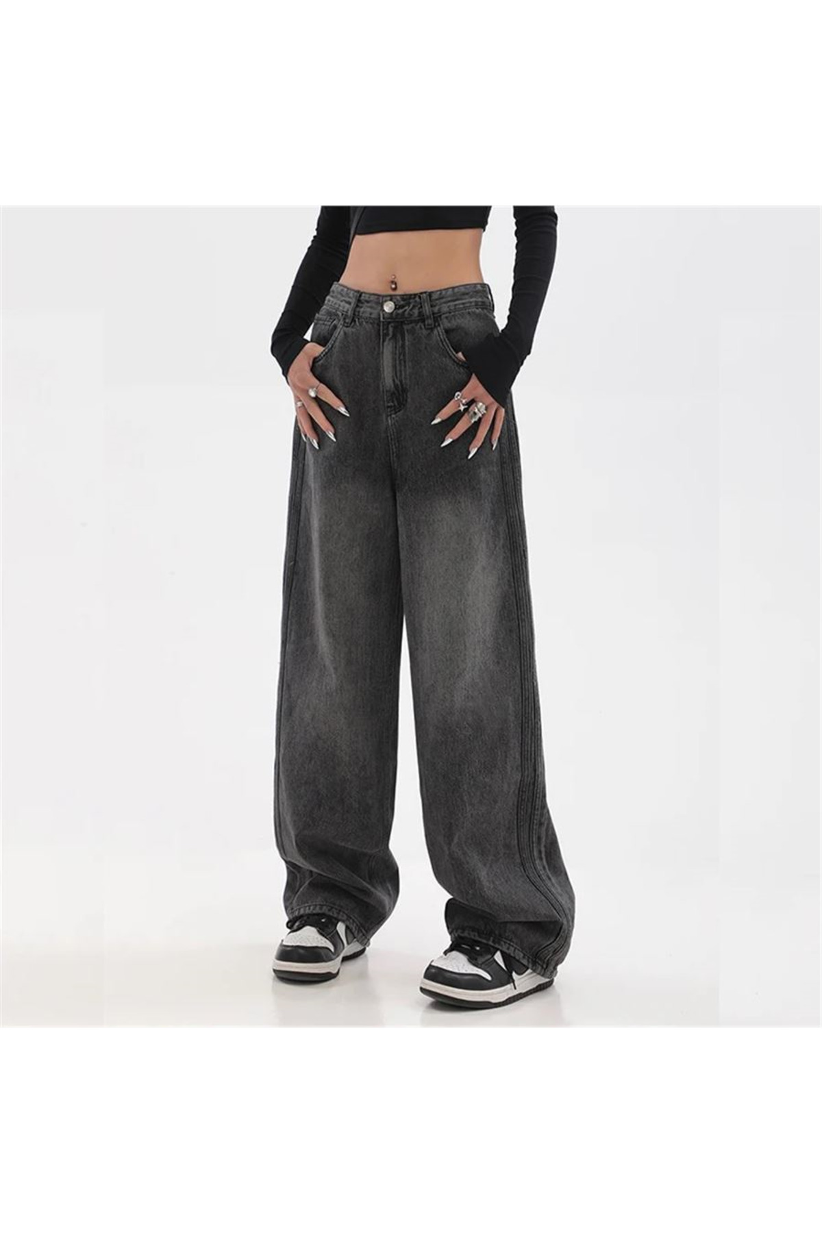Siyah Vintage Yıkamalı Baggy Jean Pantolon