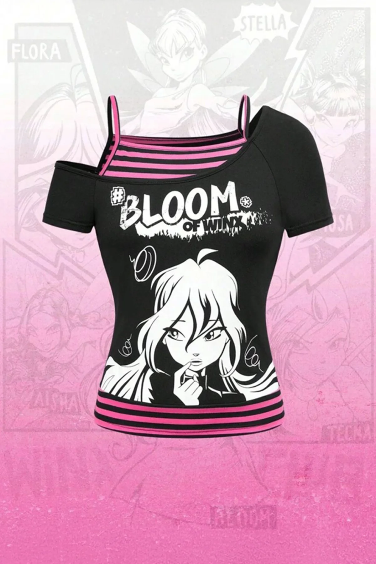Siyah Winx Club Bloom Ek Askılı Y2K Kısa Kollu Crop