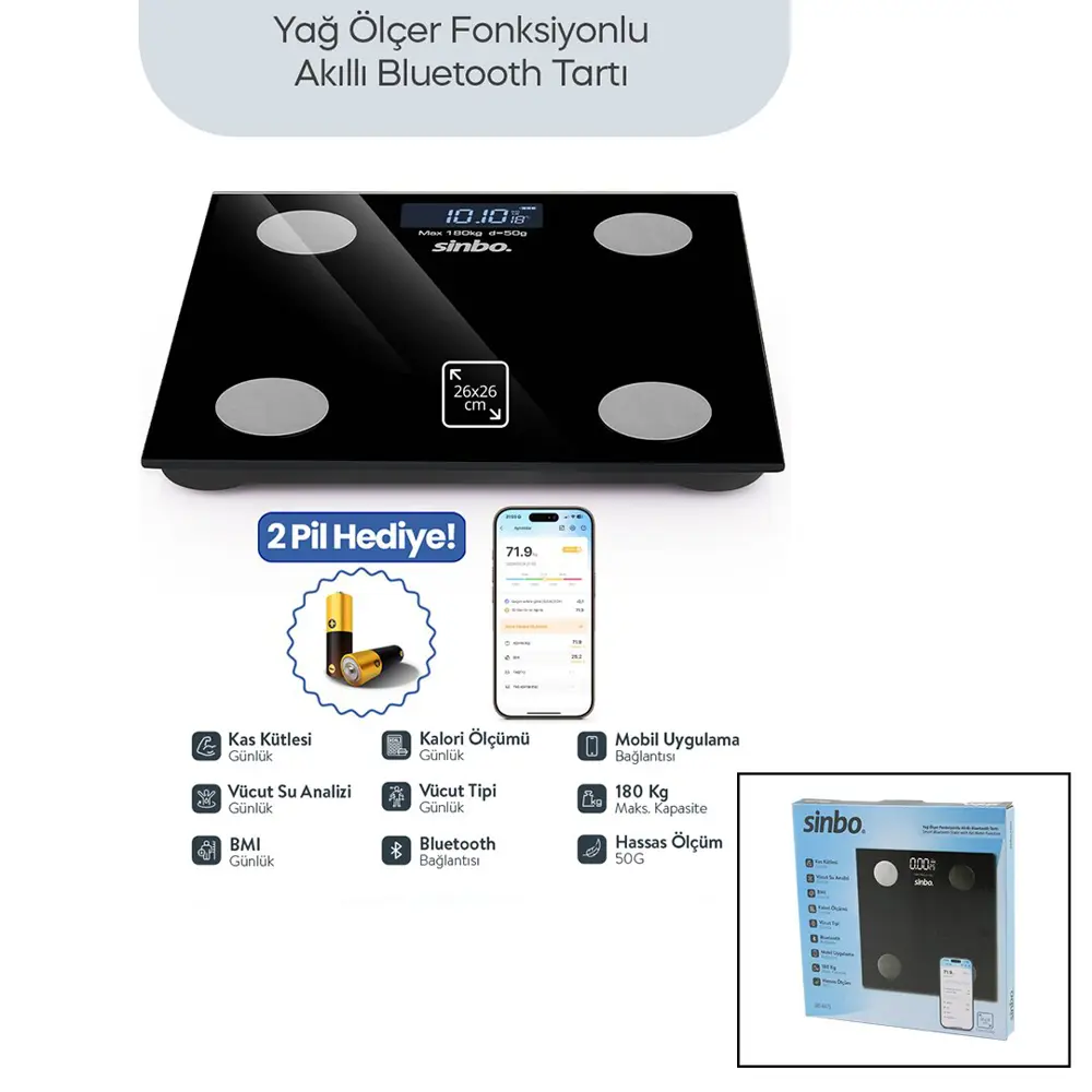 SİYAH YAĞ ÖLÇER AKILLI BLUETOOTH CAM BASKÜL PİLLİ 180KG/50GR 26X2
