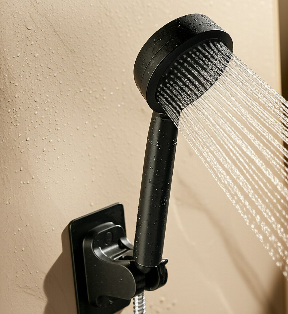 Siyah Yapışkanlı Duş Başlığı Tutucu Deliksiz Montaj Modern Banyo