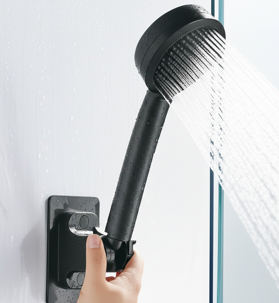 Siyah Yapışkanlı Duş Başlığı Tutucu Deliksiz Montaj Modern Banyo