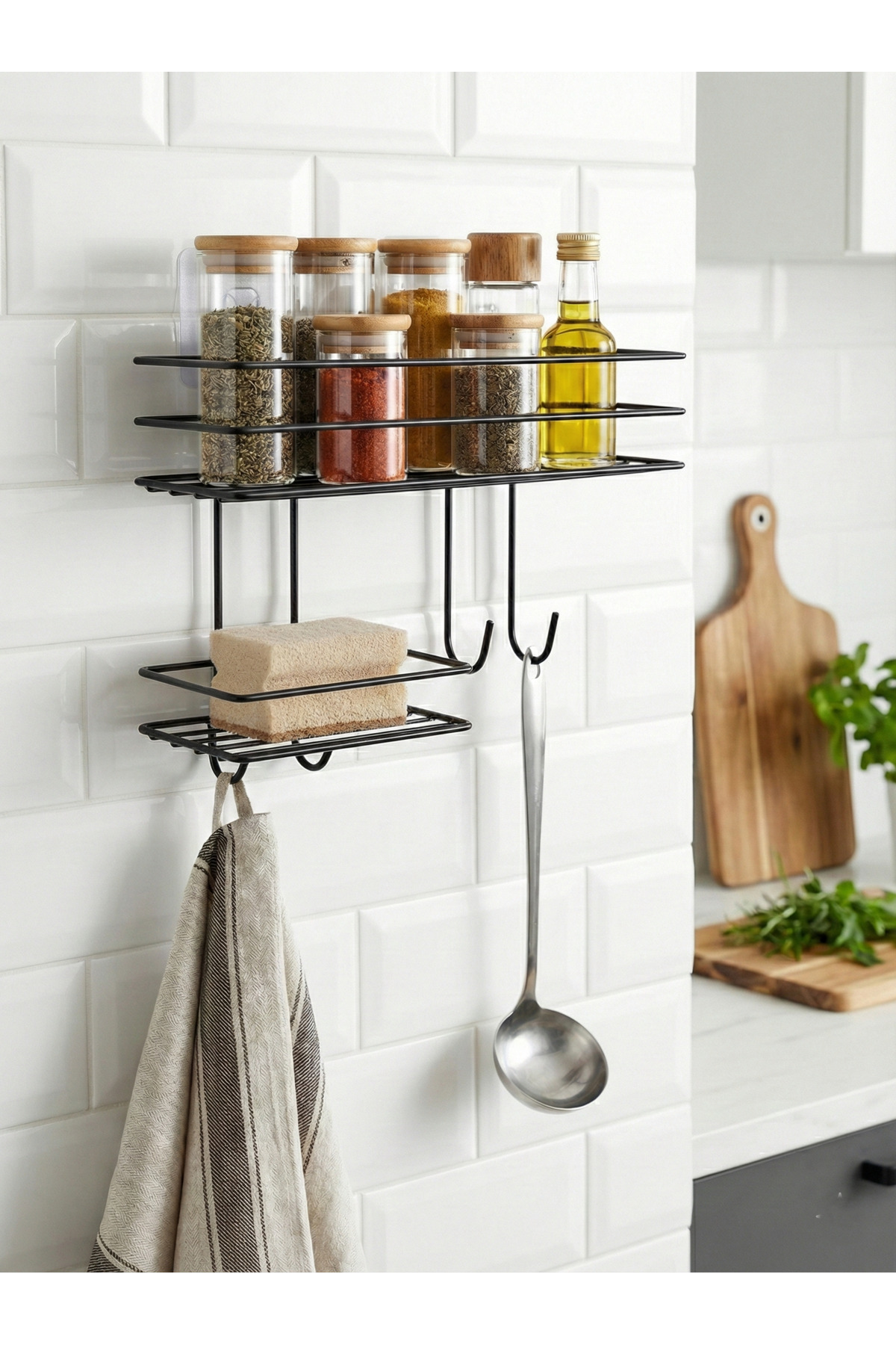 Siyah Yapışkanlı Banyo Rafı - Delmeden Montaj Çok Amaçlı Şampuanl