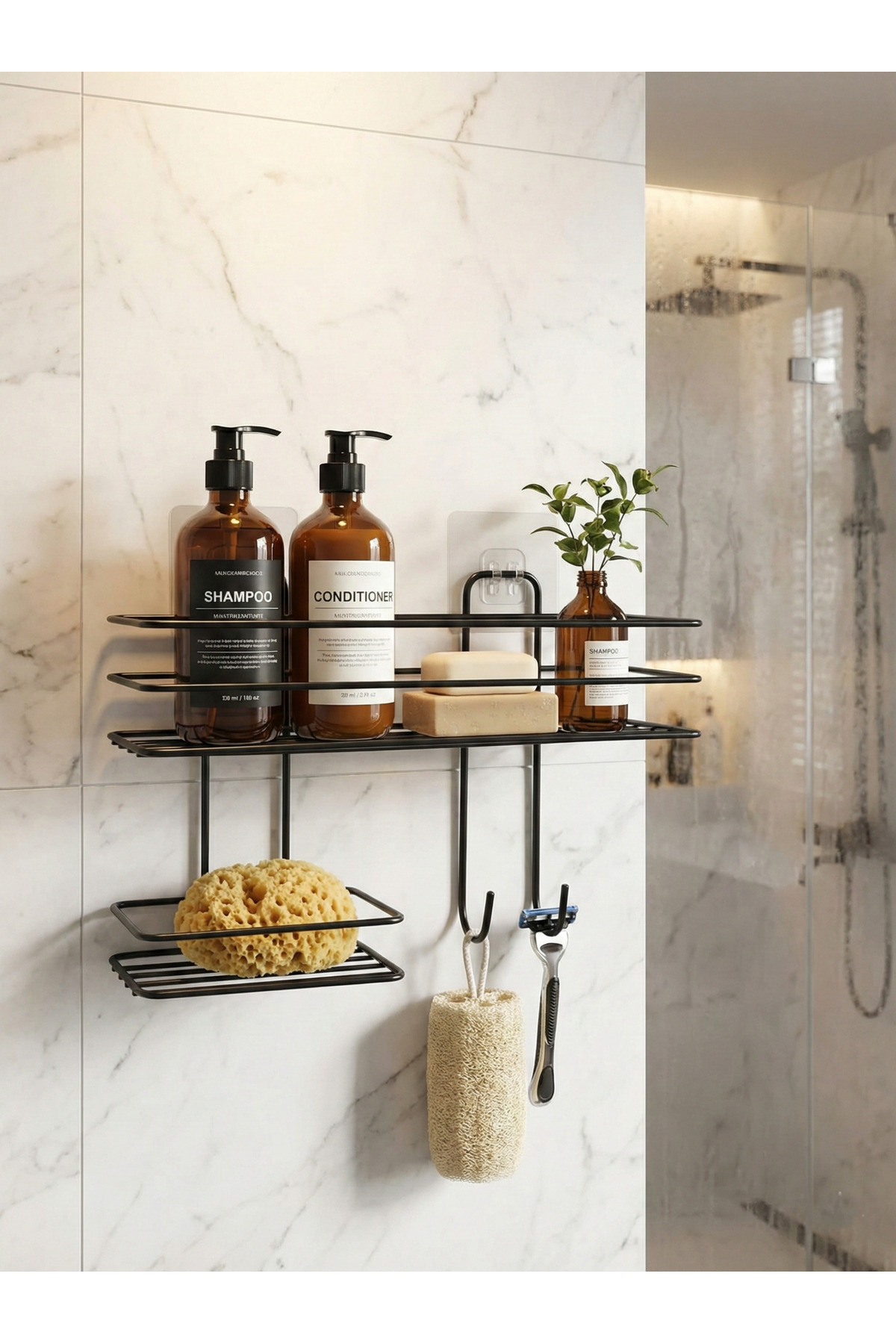 Siyah Yapışkanlı Banyo Rafı - Delmeden Montaj Çok Amaçlı Şampuanl