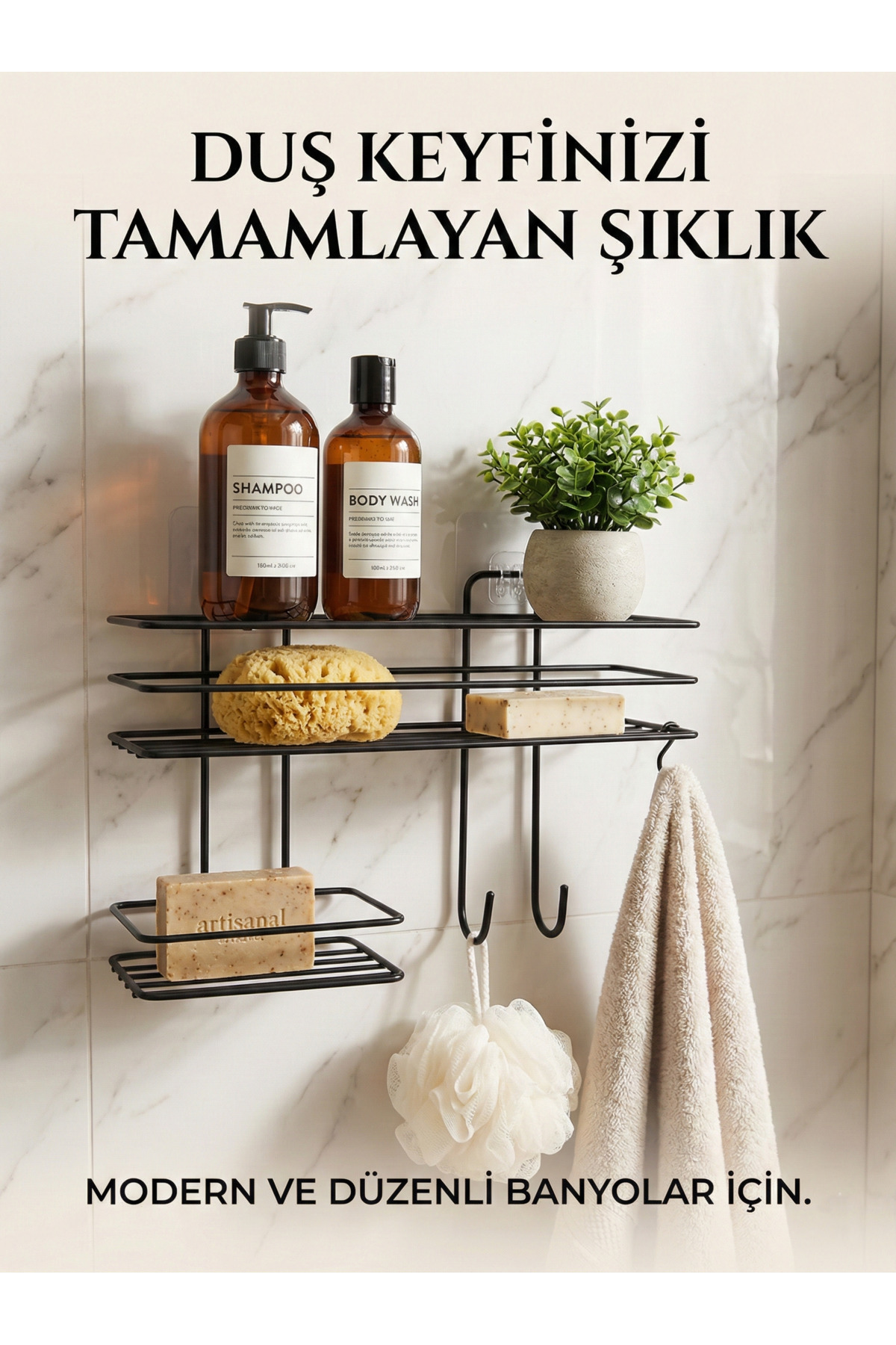 Siyah Yapışkanlı Banyo Rafı - Delmeden Montaj Çok Amaçlı Şampuanl