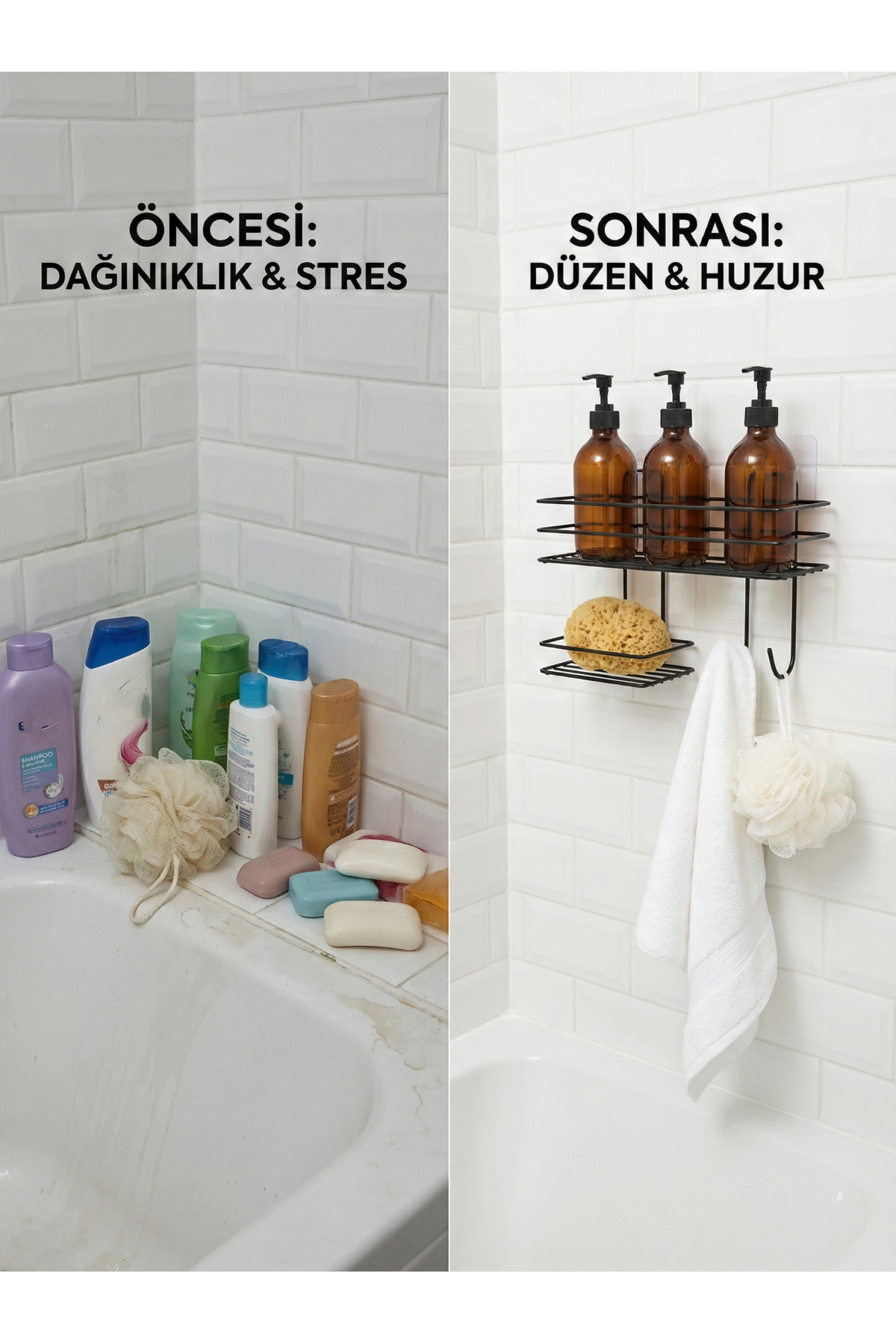 Siyah Yapışkanlı Banyo Rafı - Delmeden Montaj Çok Amaçlı Şampuanl