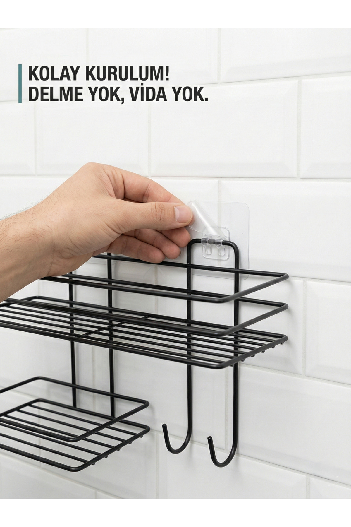 Siyah Yapışkanlı Banyo Rafı - Delmeden Montaj Çok Amaçlı Şampuanl