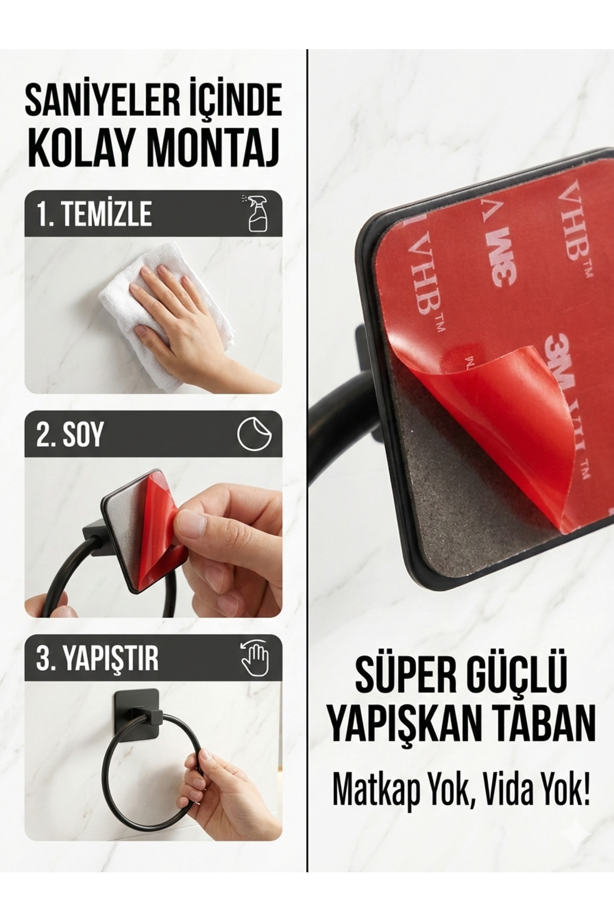 Siyah Yapışkanlı Halka Havluluk - Delmeden Montaj Paslanmaz Yuvar