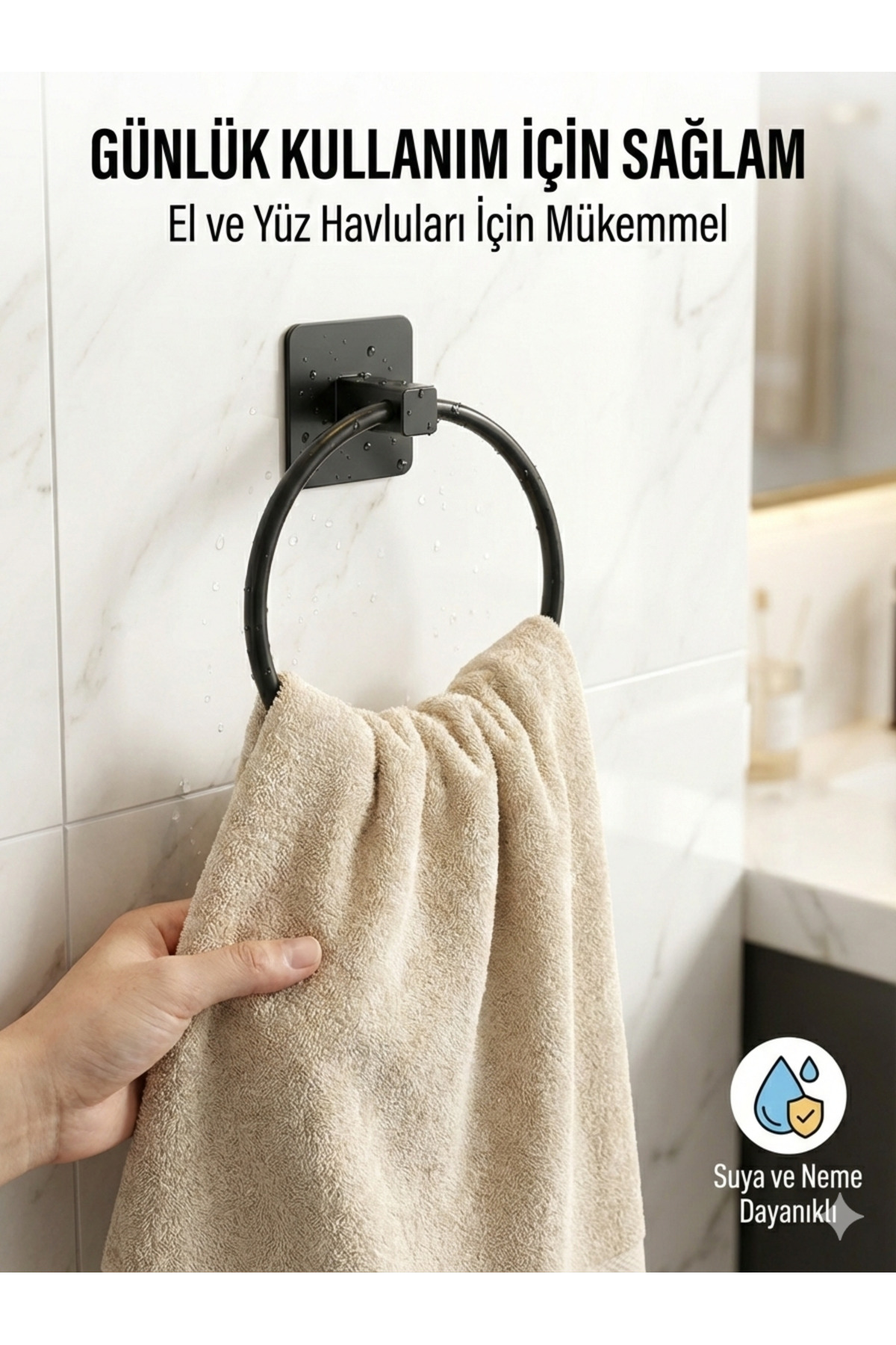 Siyah Yapışkanlı Halka Havluluk - Delmeden Montaj Paslanmaz Yuvar