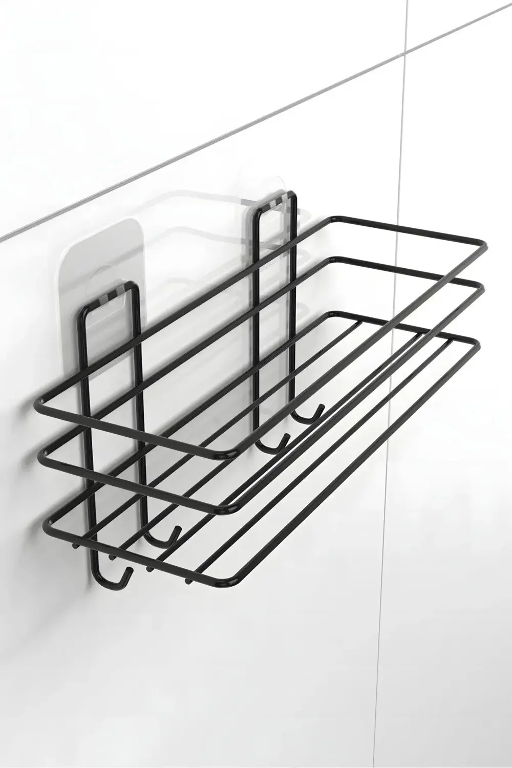 Siyah Yapışkanlı Kancalı Banyo ve Mutfak Rafı Çok Amaçlı Tekli Ra