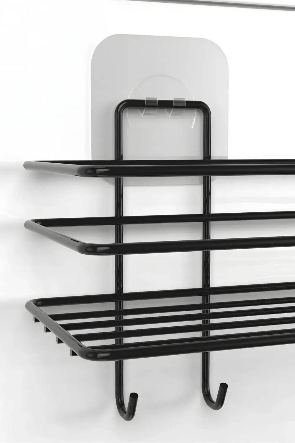 Siyah Yapışkanlı Kancalı Banyo ve Mutfak Rafı Çok Amaçlı Tekli Ra